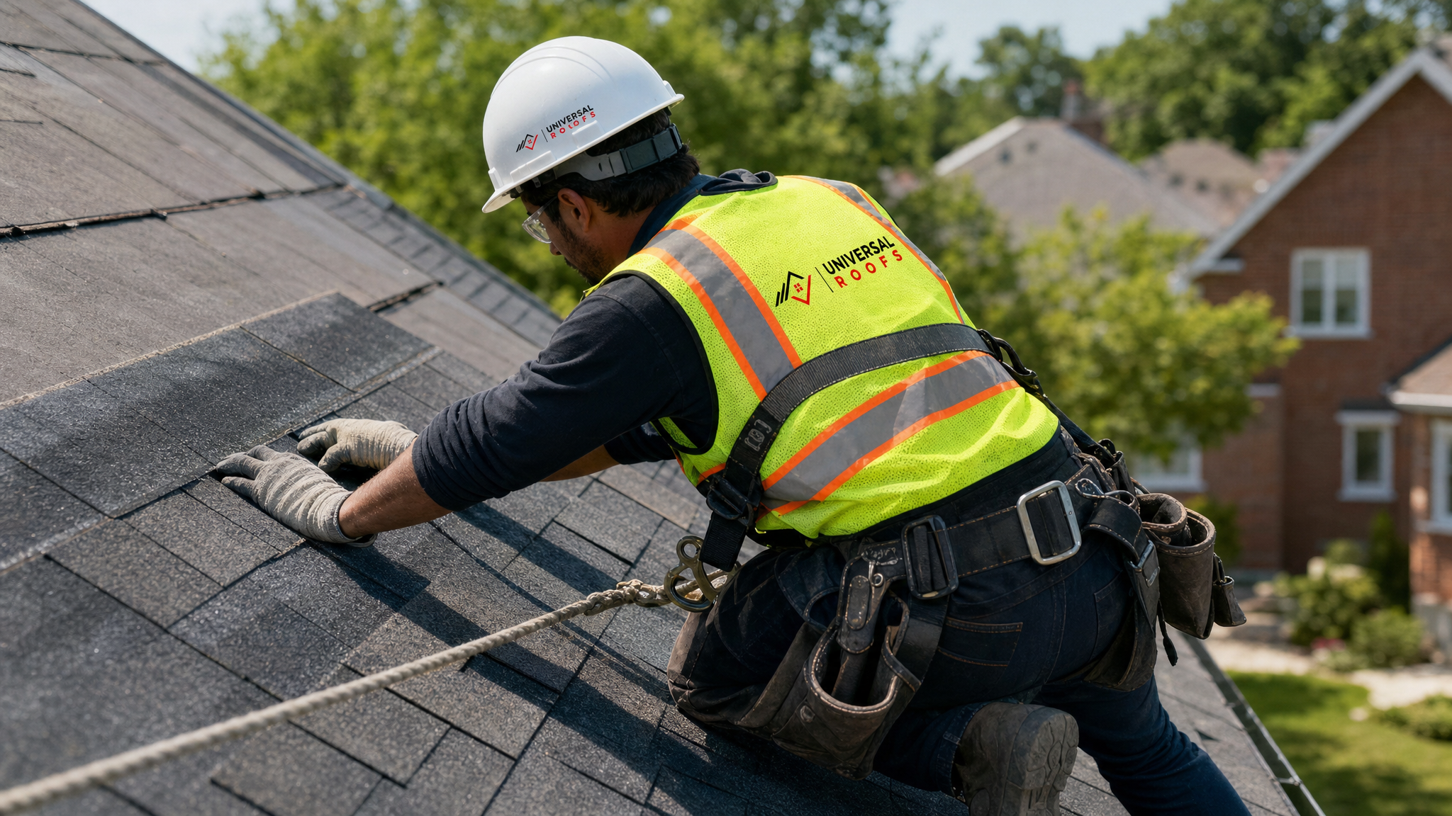A roofer wearing full safety gear including a harness installs shingles on a sloped residential roof in daylight