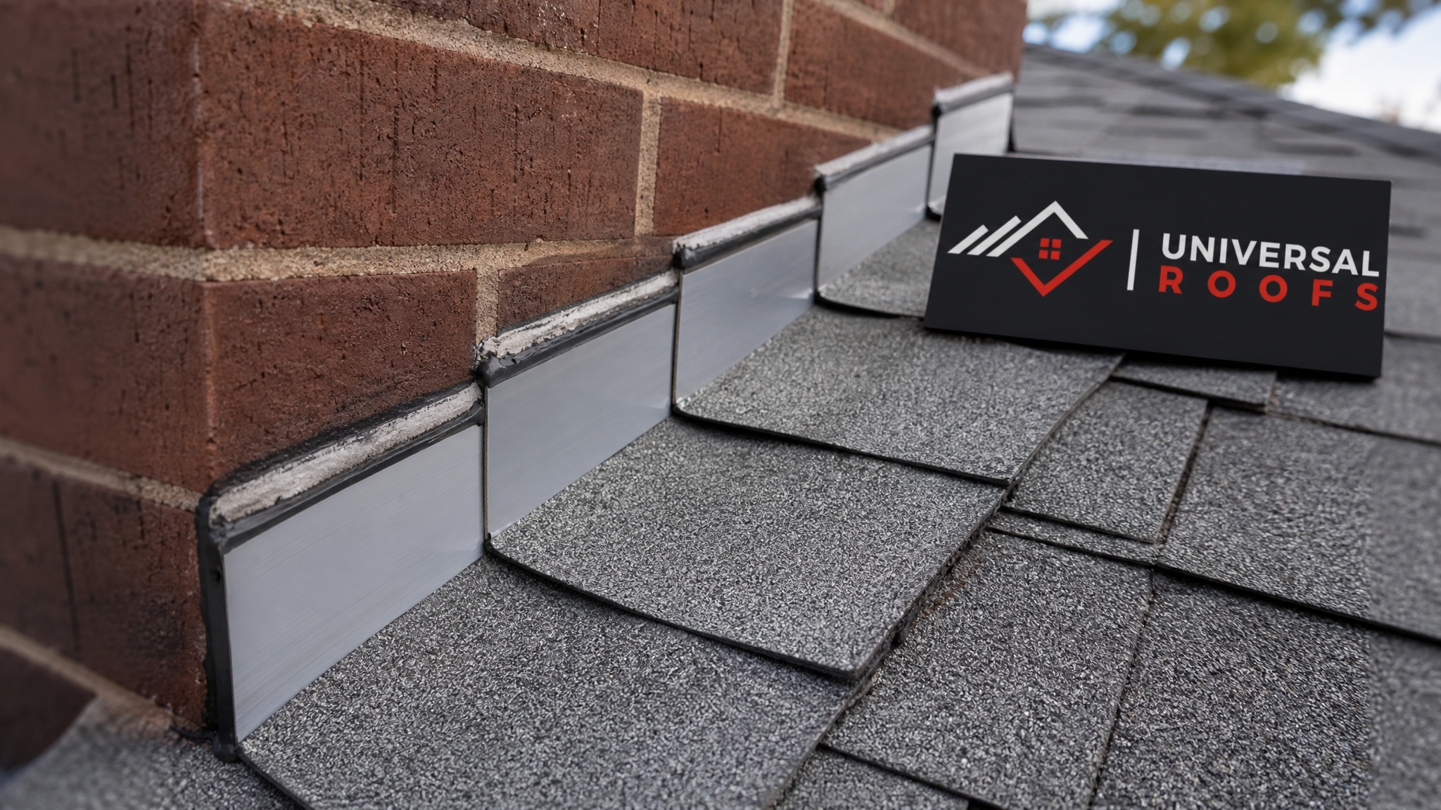 Close-up of new aluminum step flashing interwoven with asphalt shingles beside a chimney