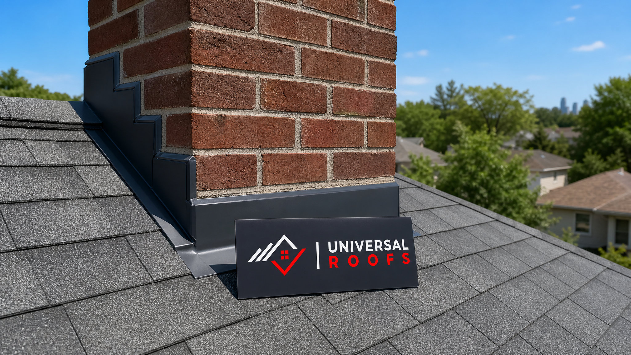 Freshly installed metal roof flashing around a brick chimney on a Toronto home in summer daylight