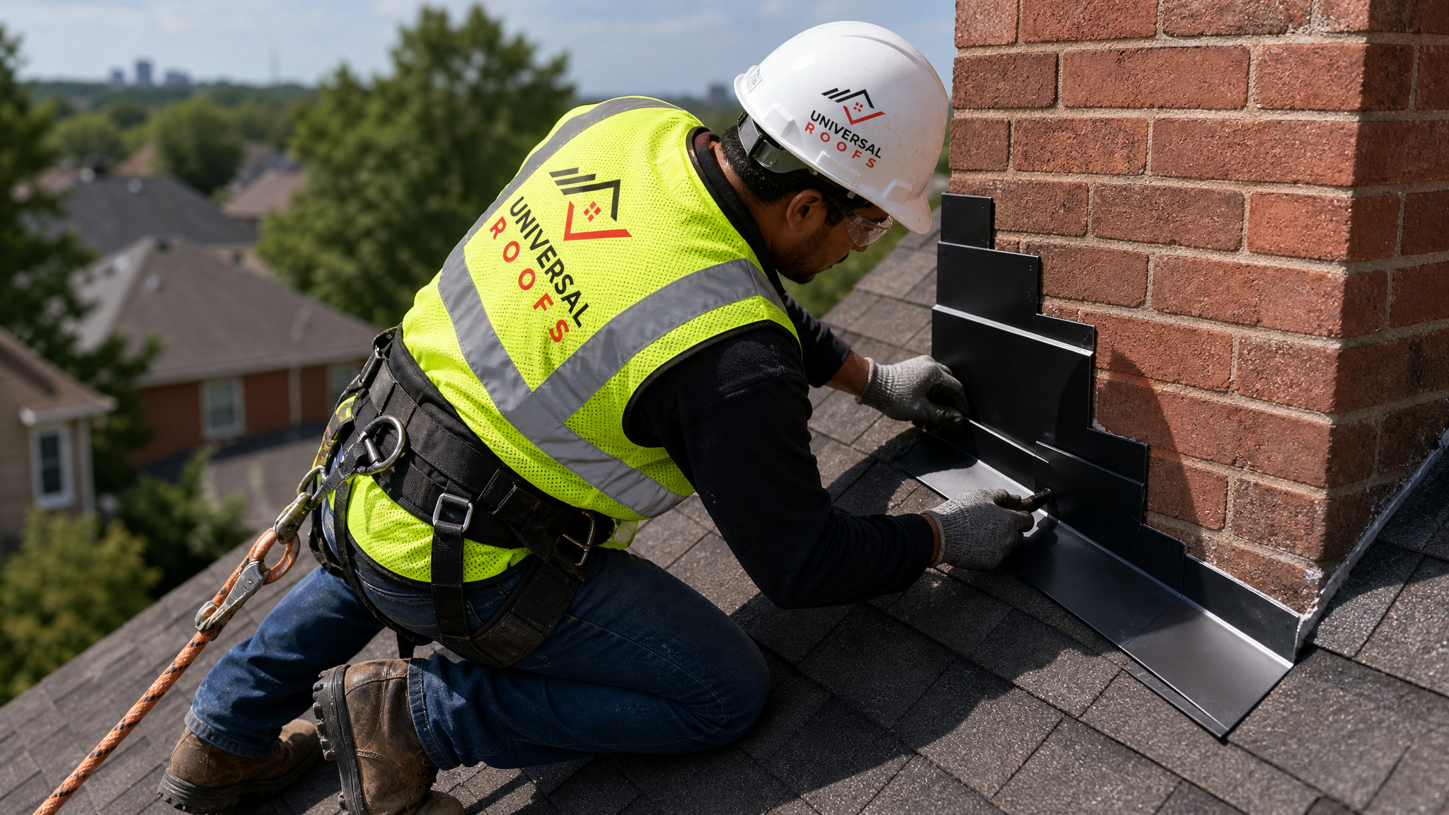 Roofer wearing full safety harness installing metal step flashing along a chimney on a sloped residential roof