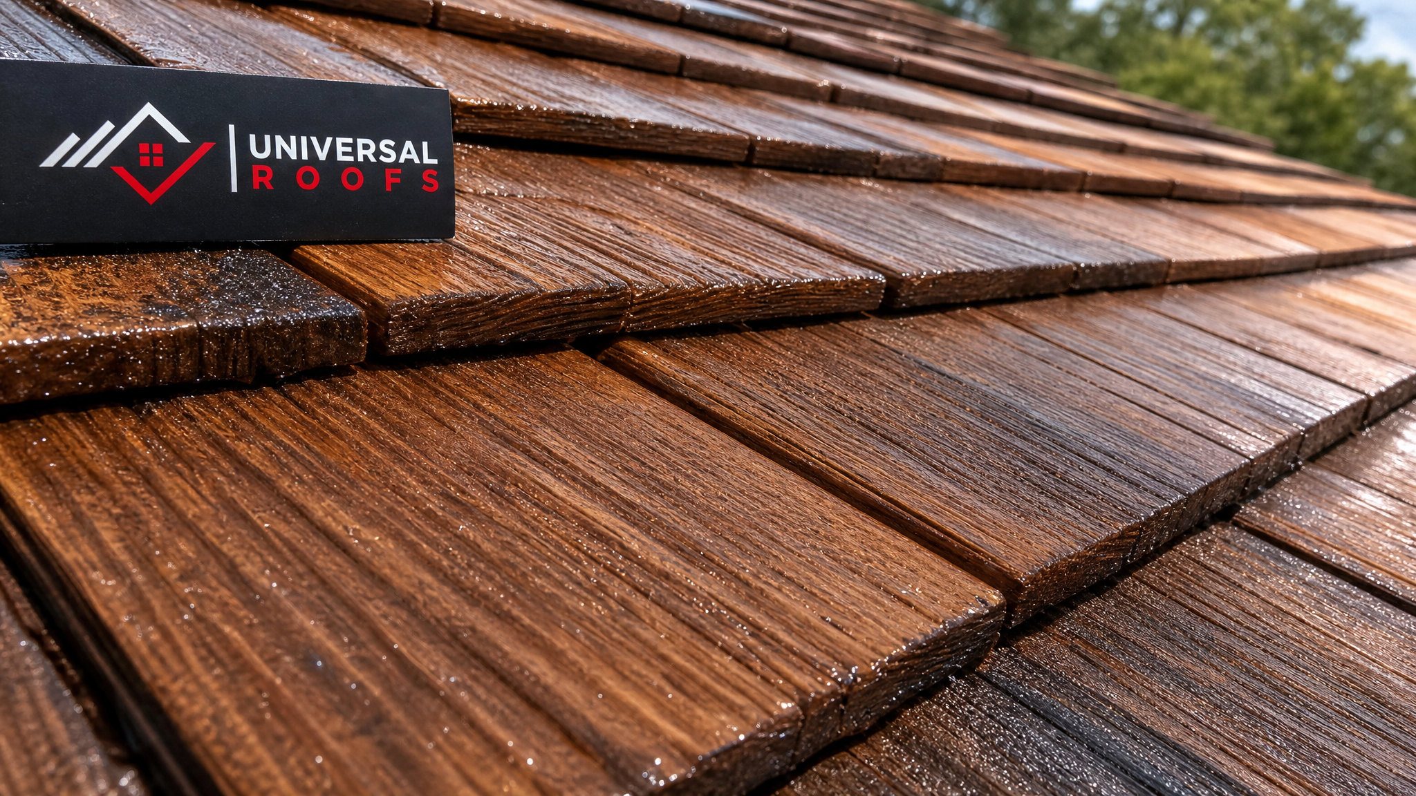 Close-up detail of individual cedar shake joints freshly coated with penetrating sealant showing restored wood grain and colour