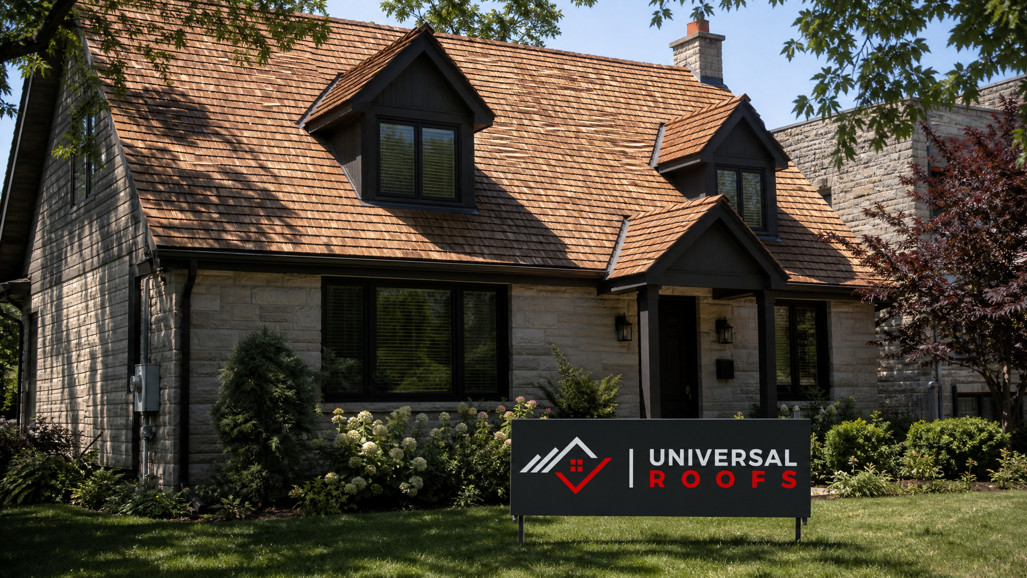 Freshly re-sealed and re-coated cedar wood shake roof on a Toronto home glowing with restored colour in summer daylight