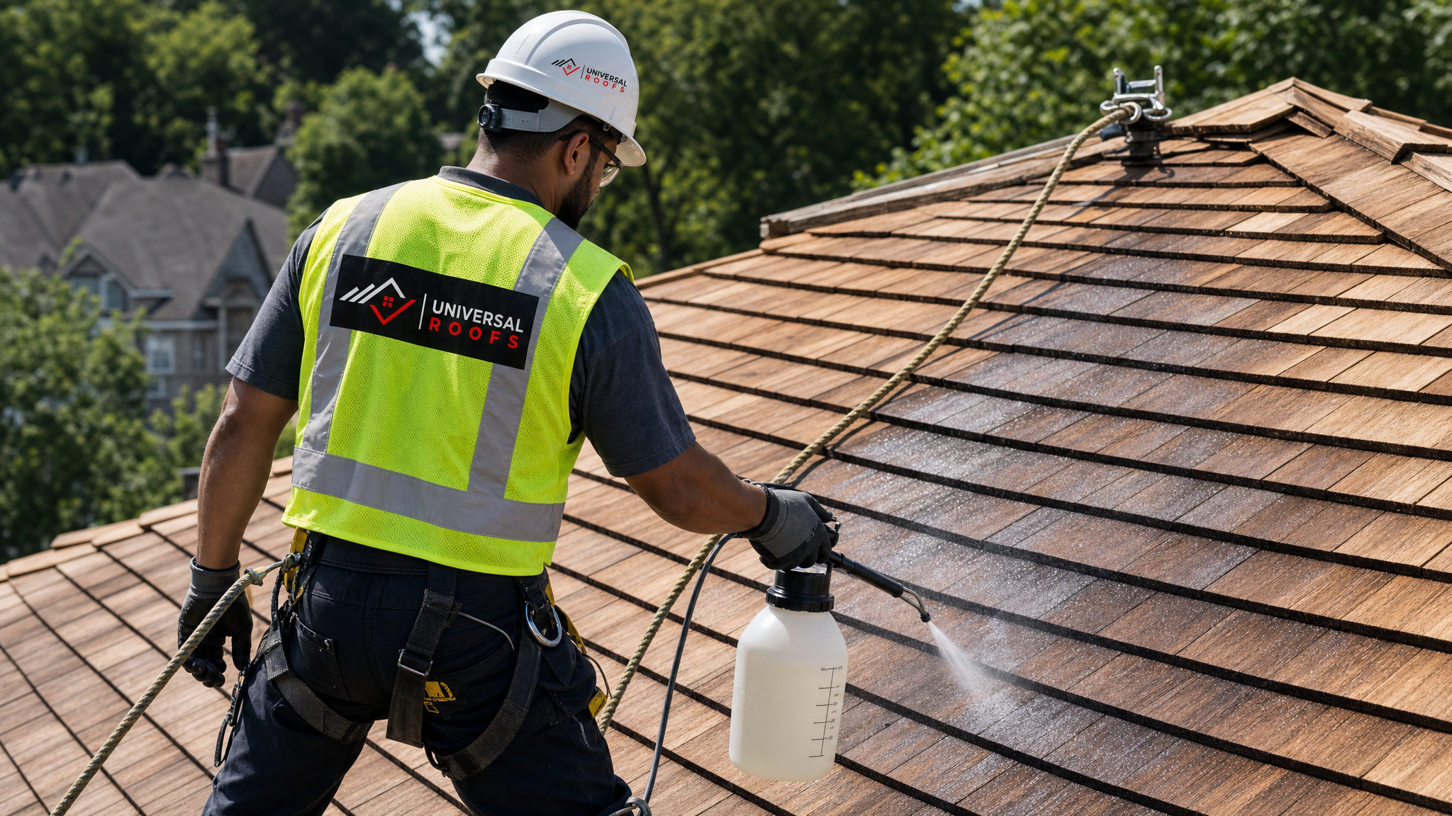 Roofer wearing full safety harness applying penetrating sealant with a sprayer to a cedar wood shake roof on a sunny day