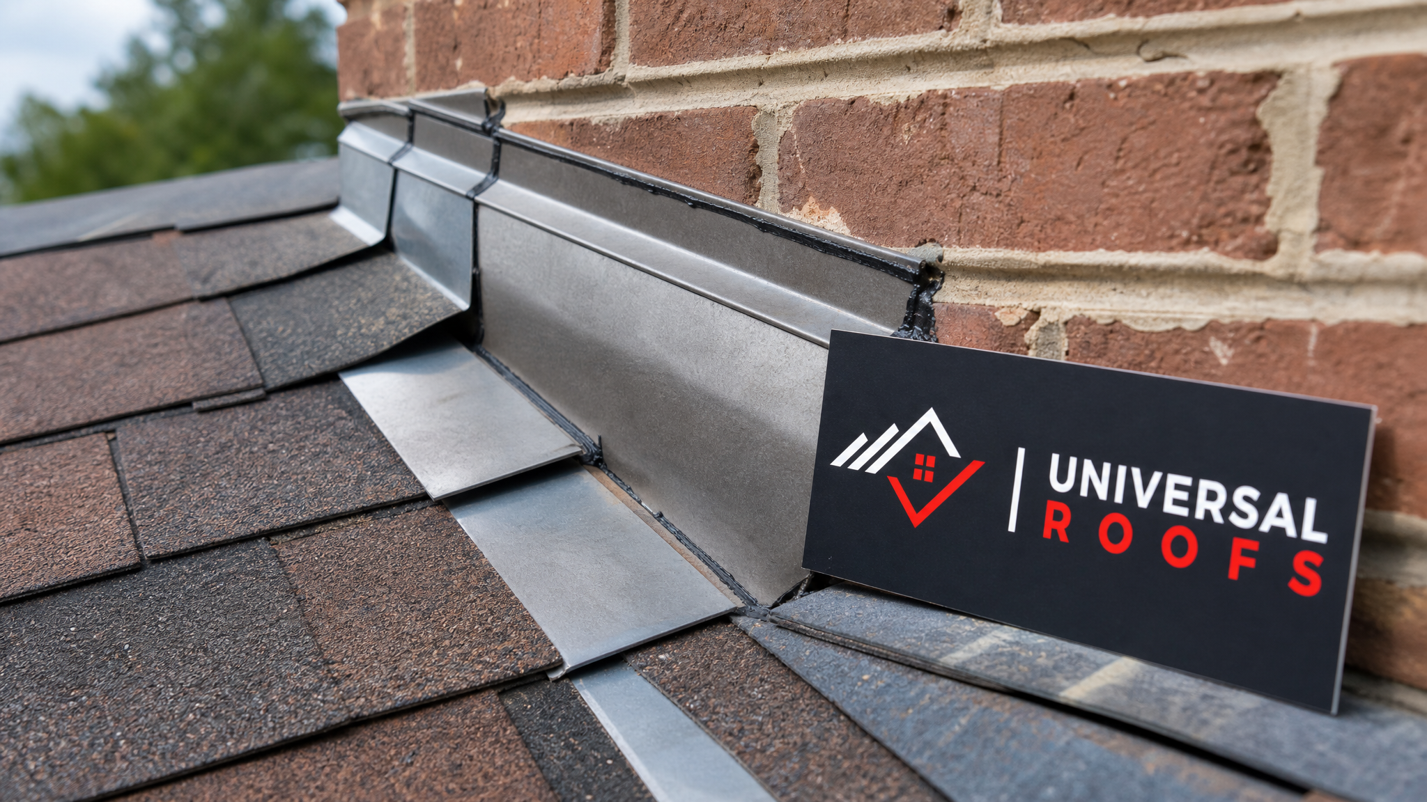 Close-up of overlapping step flashing pieces and counterflashing sealed against a chimney