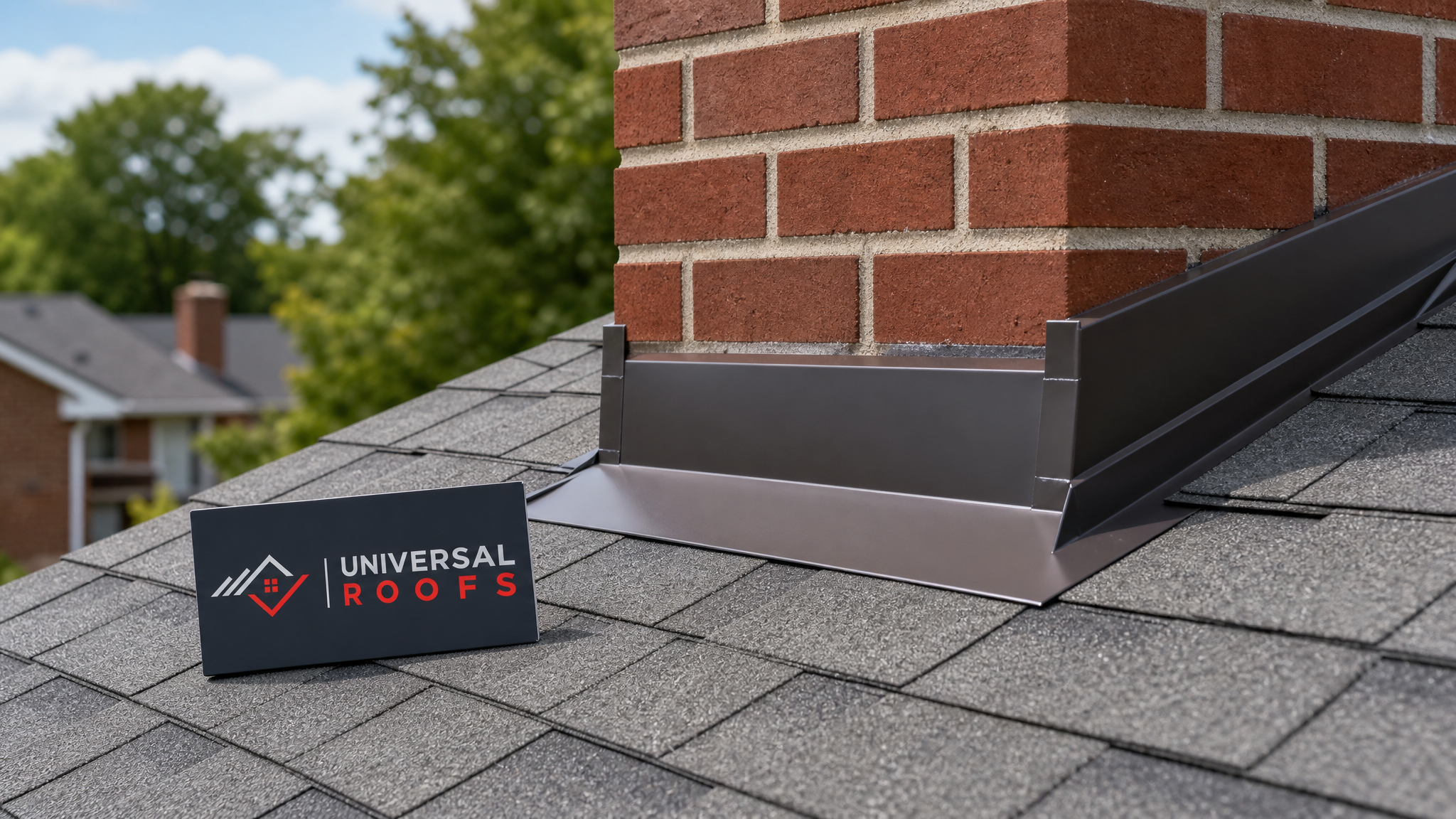 Newly installed metal roof flashing around a chimney on a Toronto home in summer daylight