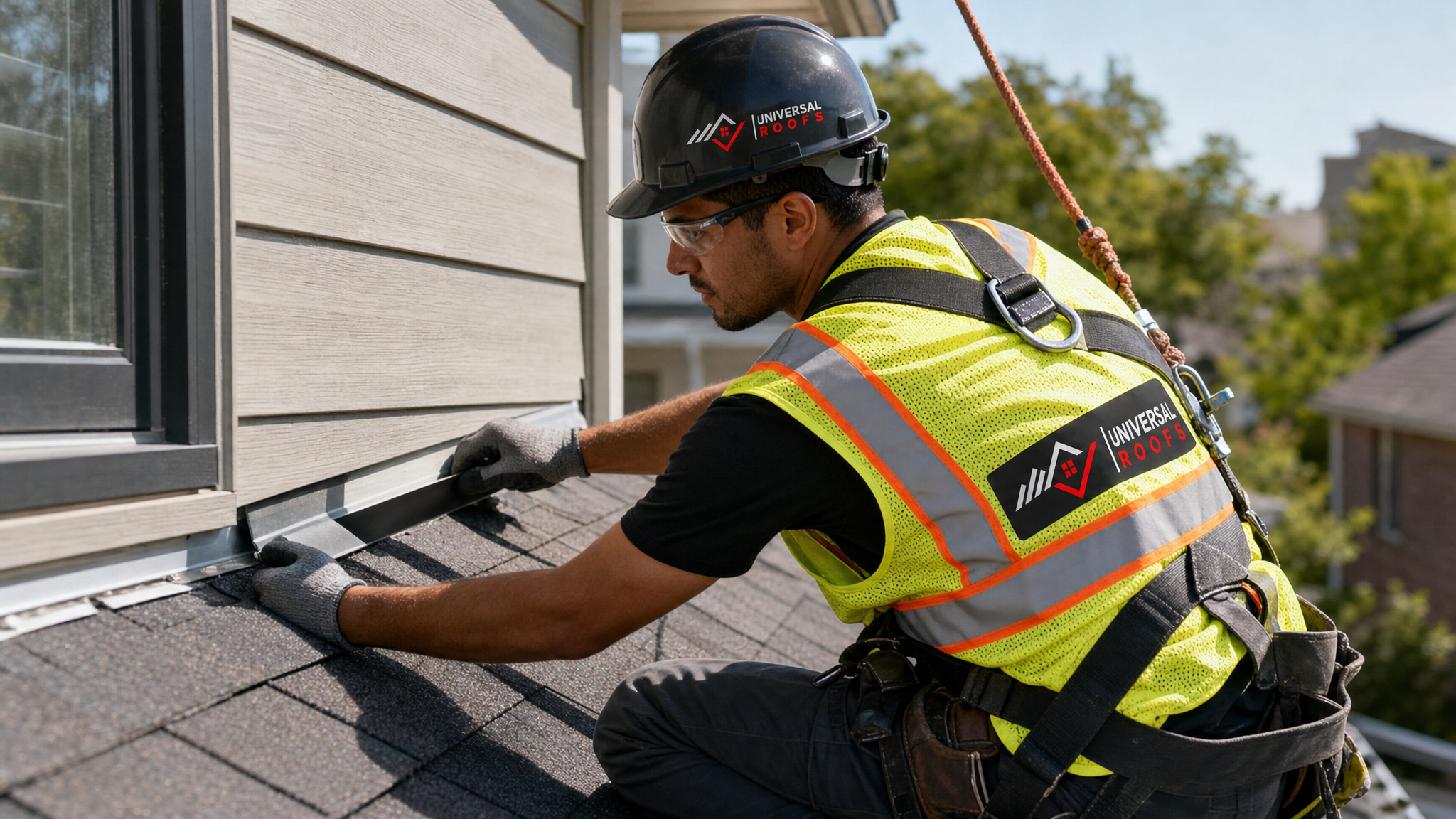 Roofer installing step flashing along a roof-to-wall junction while wearing full safety gear