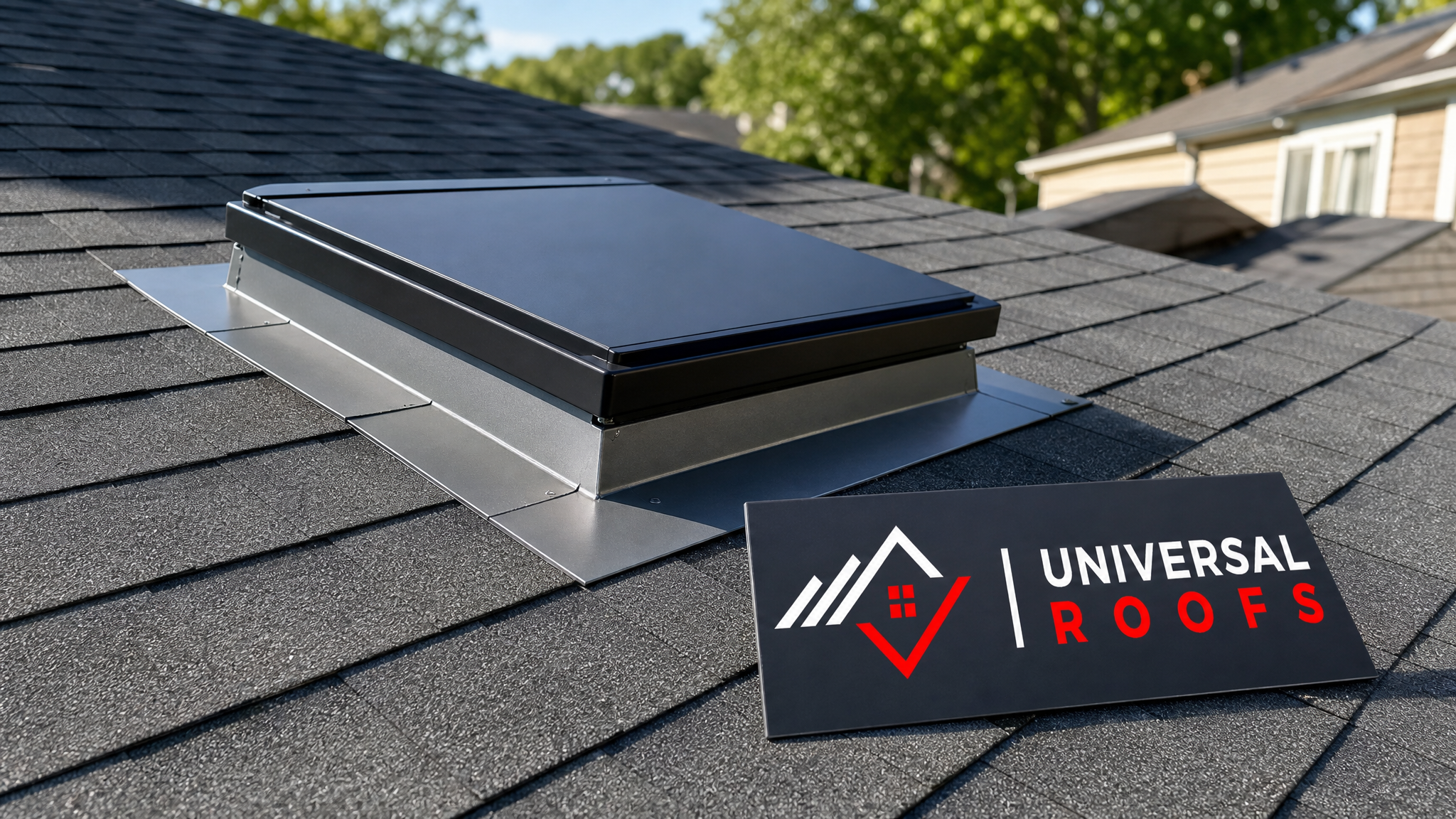 Newly flashed roof hatch on a Toronto home with clean metal flashing sealing the attic access point under summer daylight