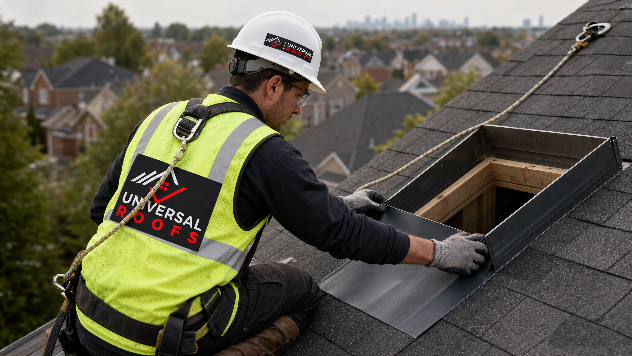 Roofer wearing full safety harness and PPE installing step flashing around an attic access hatch curb on a sloped roof