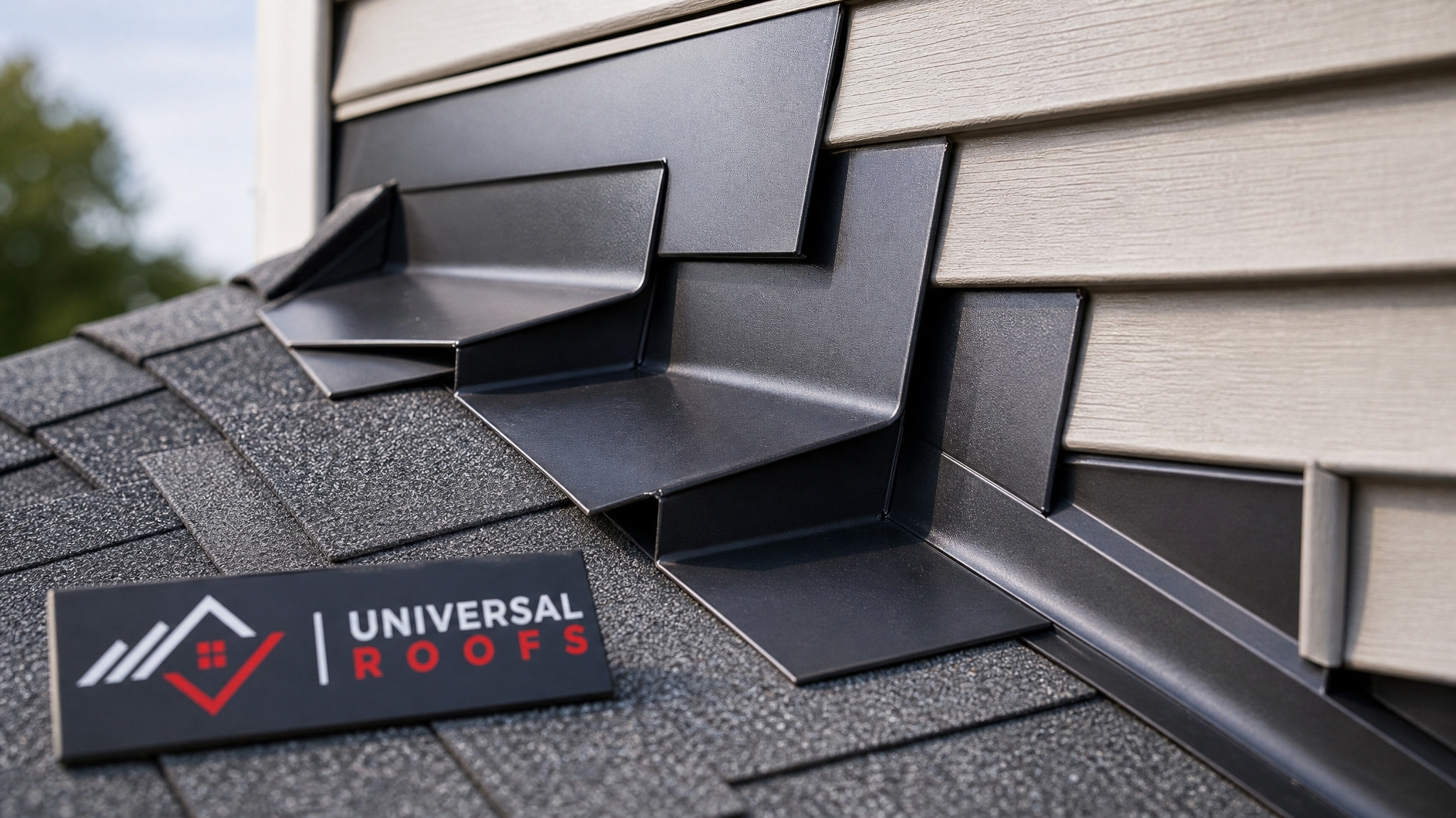 Close-up detail of overlapping step flashing pieces and counter-flashing at a roof sidewall junction