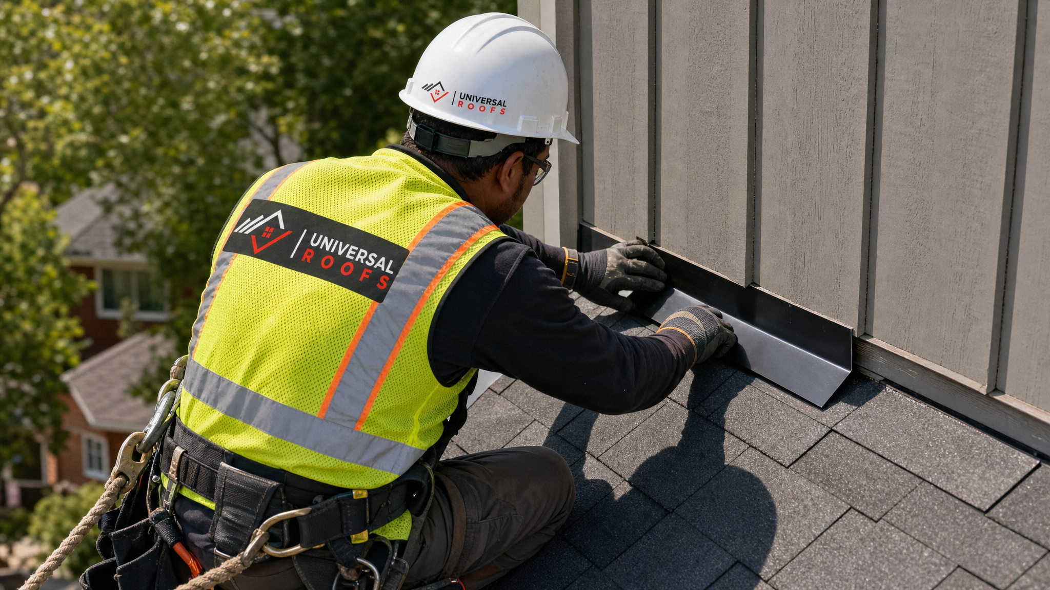 Roofer wearing full safety harness installing step flashing along a roof-to-sidewall junction on a GTA home