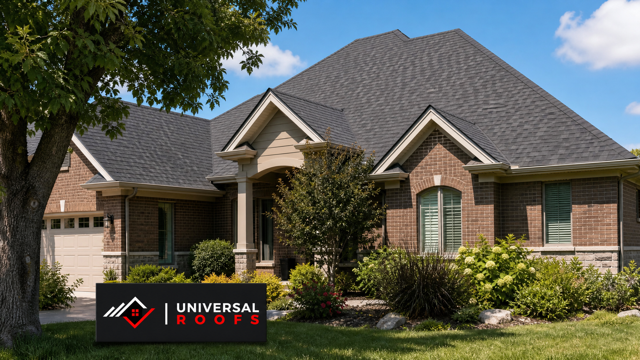 Repaired asphalt shingle roof on a Toronto home after hail damage restoration, shown in summer daylight with no workers present