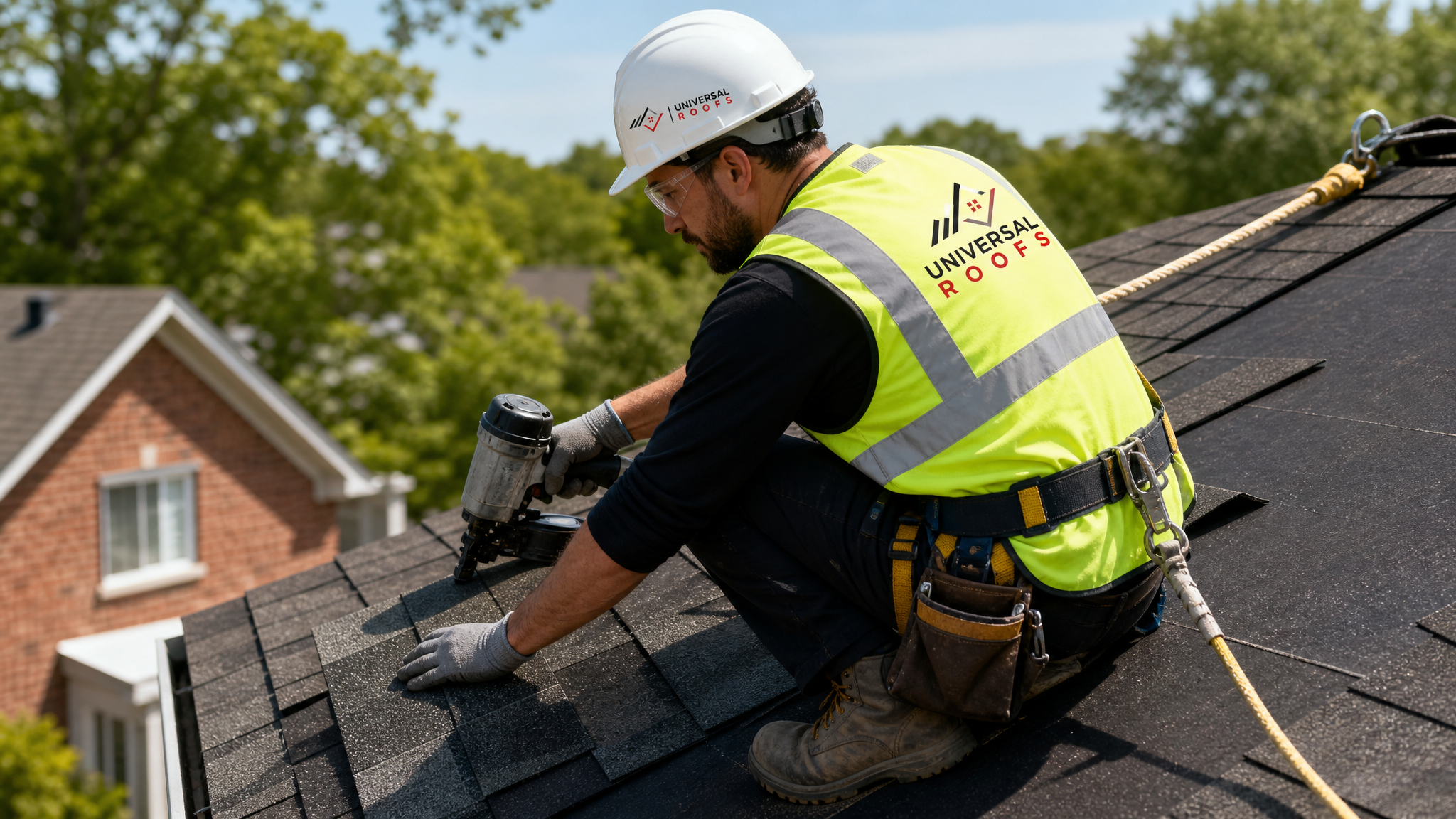 Roofer wearing full safety harness and PPE installing impact-resistant shingles during a hail damage repair on a Toronto roof