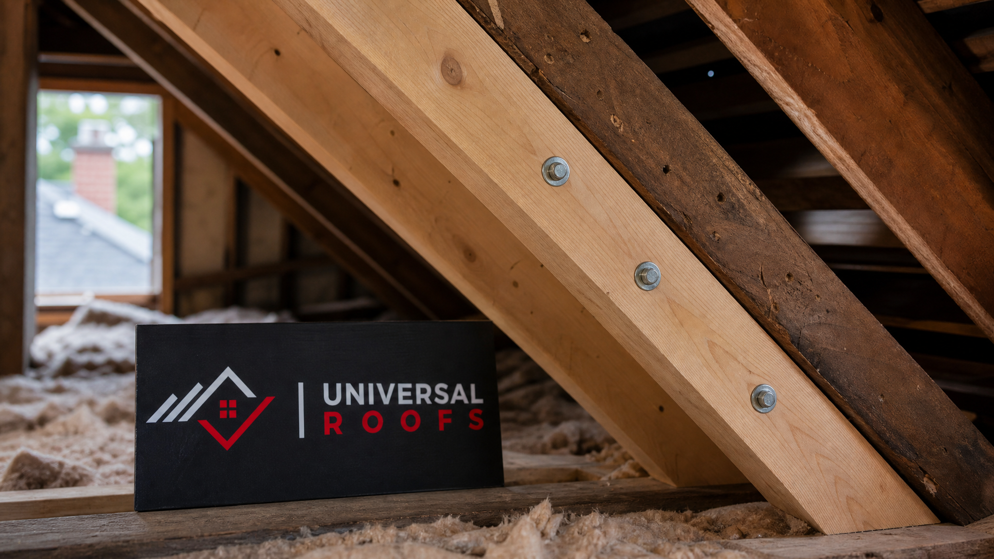 Close-up detail of newly sistered wood rafters reinforcing an existing roof rafter, with visible fasteners and clean lumber against the original framing, a branded sign placard nearby