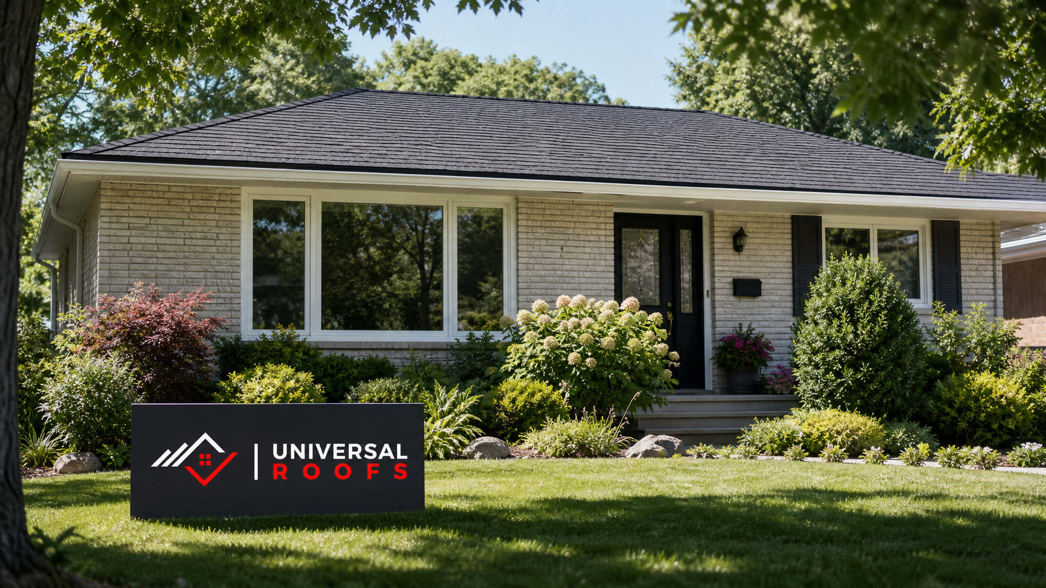 A repaired and level roofline on a Toronto home under clear summer daylight, showing straight, even shingle courses with no visible dip or sag