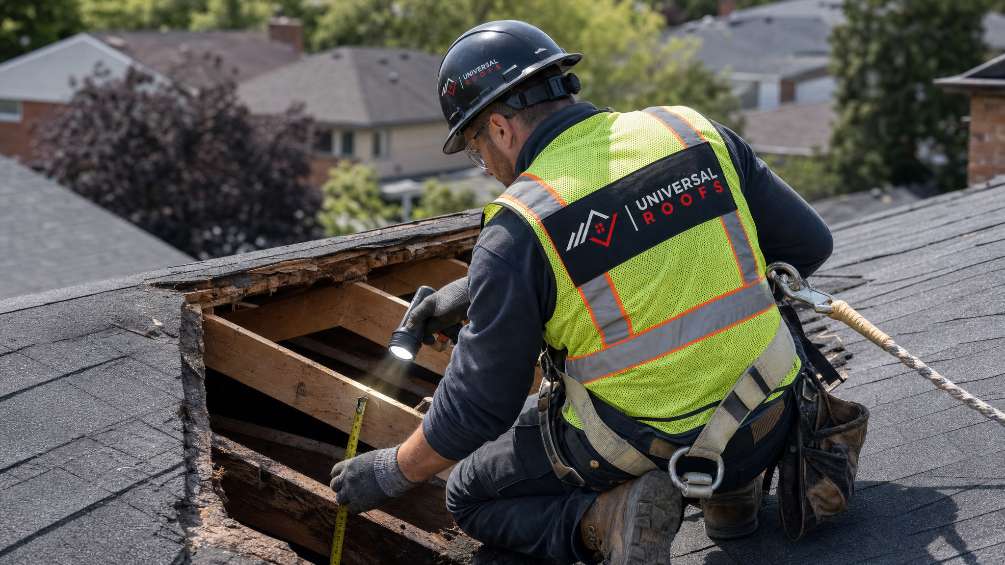 A roofer wearing a hard hat, high-visibility vest, safety glasses, gloves and a fall-protection harness inspecting sagging roof rafters through an open section of roof deck in daylight