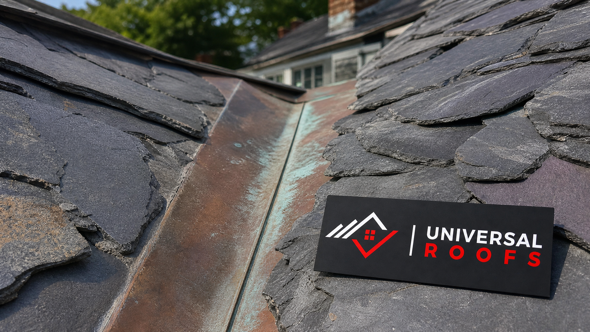 Close-up detail of original slate shingles and copper flashing on a historic roof with a Universal Roofs branded sign placard