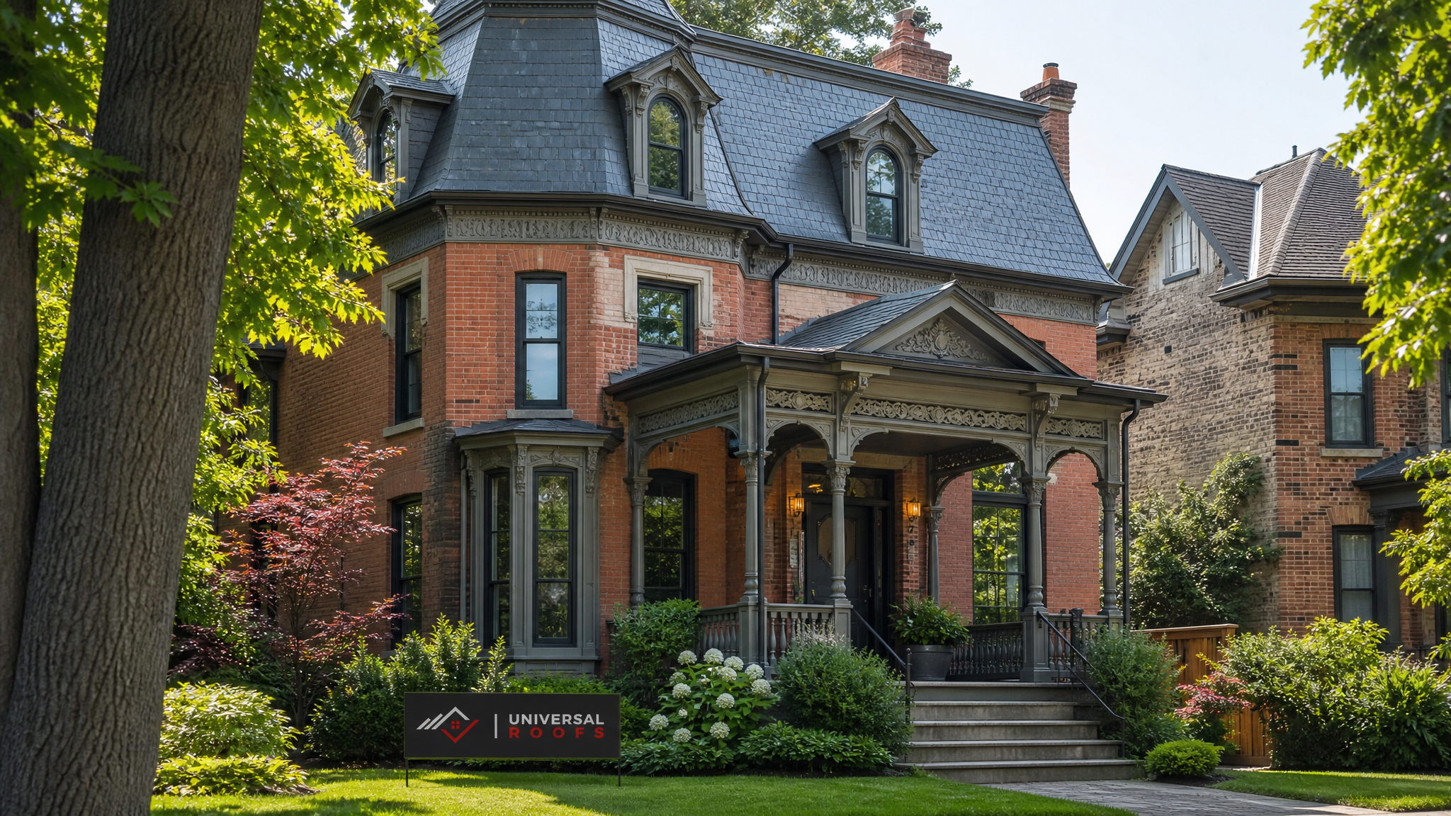 Restored historic Toronto home with slate roof and decorative dormers under summer daylight