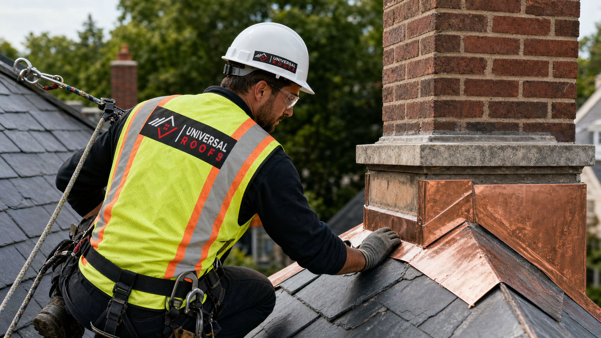 Roofing technician in full safety harness inspecting slate shingles and flashing on a historic Toronto home roof