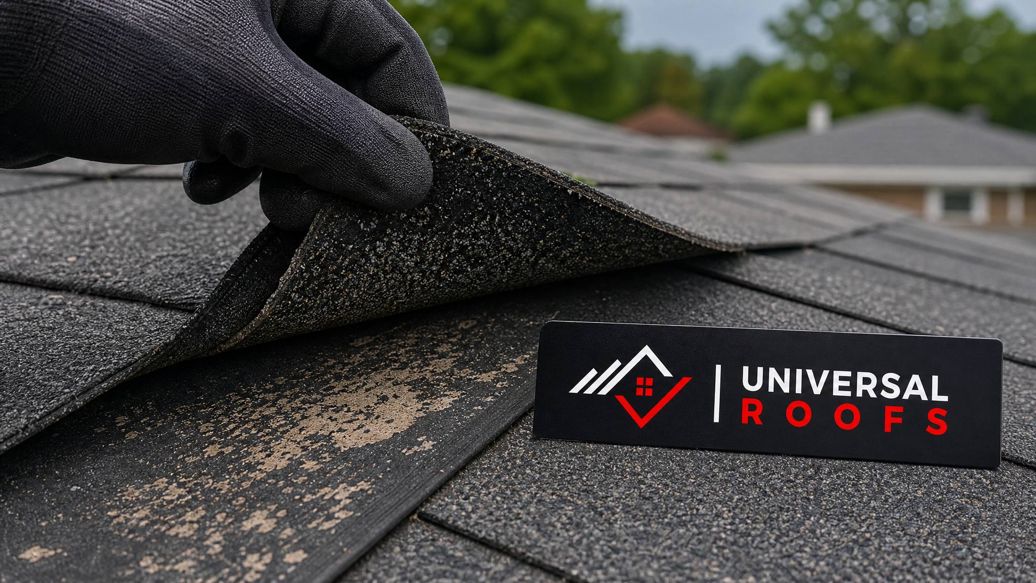Close-up of an inspector's hand lifting a curled asphalt shingle edge to check for granule loss and flashing wear, with a Universal Roofs branded sign placard visible nearby