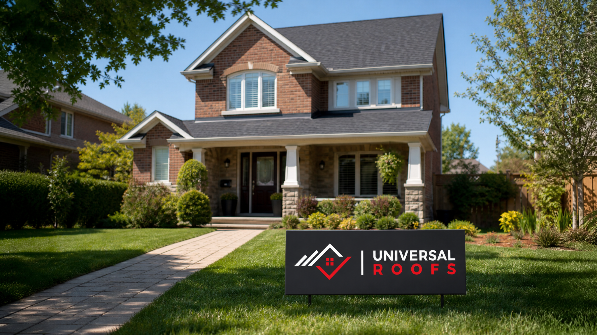 Well-maintained asphalt shingle roof on a Toronto-area home on a sunny summer day, with a Universal Roofs branded sign placard resting on the lawn in front of the house