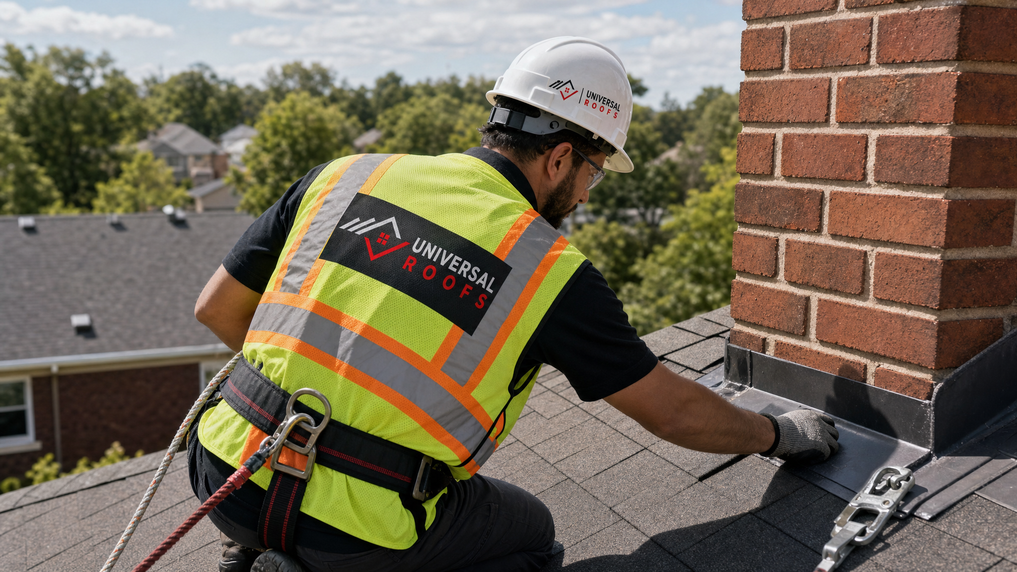 Roofing inspector wearing hard hat, high-visibility vest, safety glasses, gloves, and fall-protection harness examining shingle flashing on a sloped roof during a daytime inspection