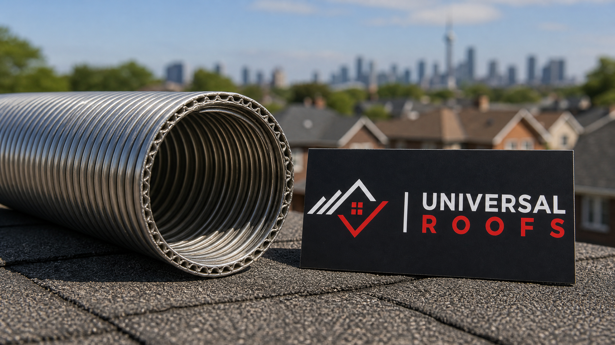 Close-up detail of a stainless steel flexible chimney liner section with a branded inspection placard beside it in daylight