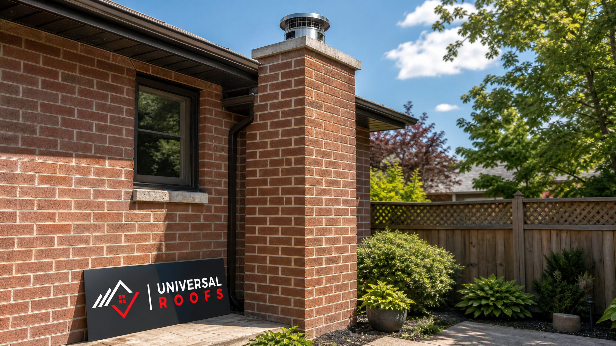 Newly relined brick chimney with a stainless steel liner cap visible against a clear summer sky in a Toronto backyard
