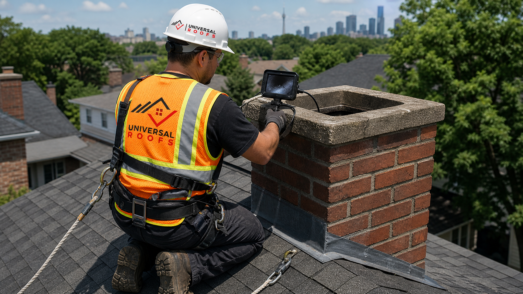 Roofing technician wearing full safety harness and PPE inspecting a chimney liner from a rooftop access point in daylight