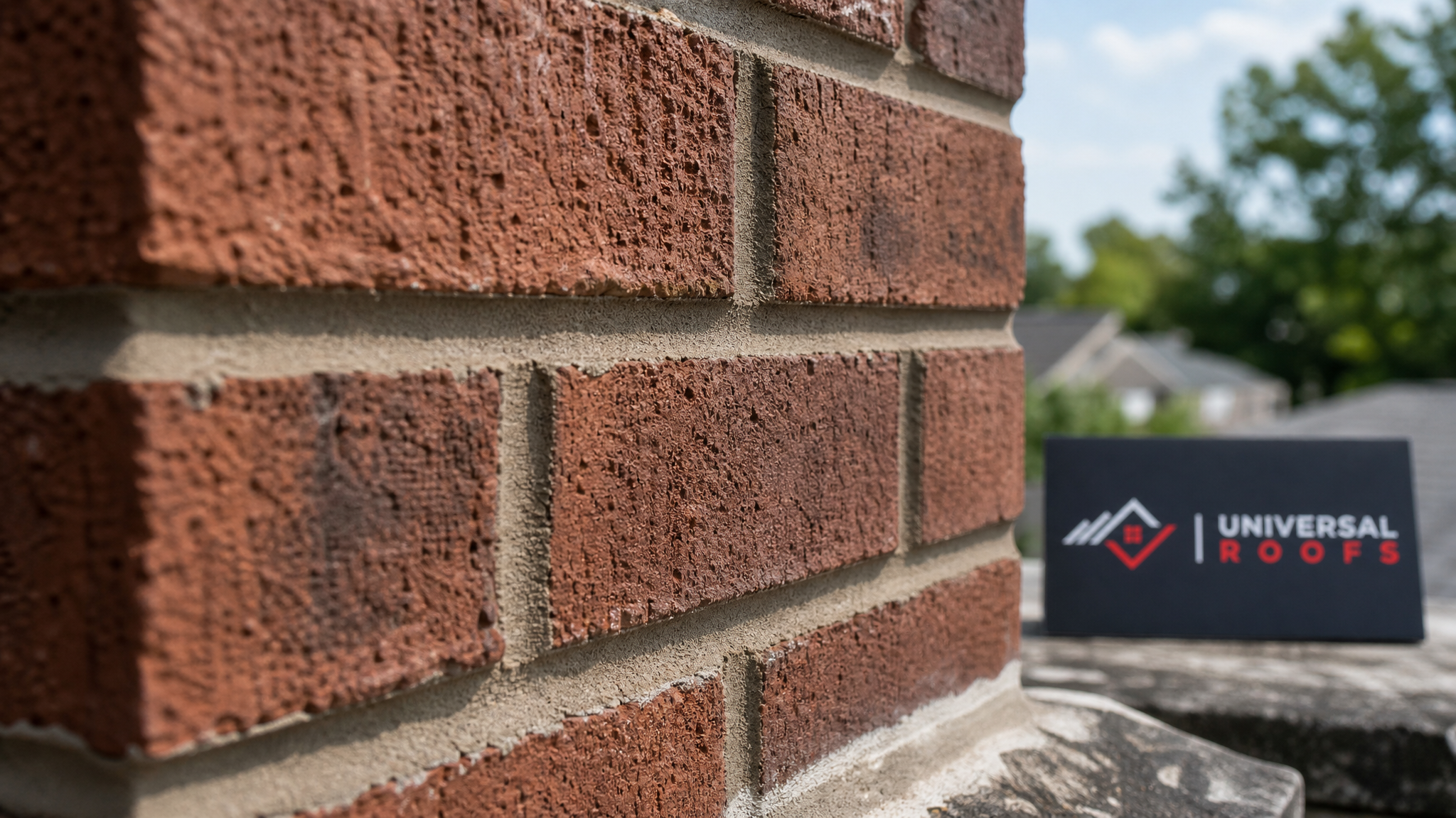 Close-up of a freshly repointed brick joint on a chimney showing clean mortar lines and matched brick colour