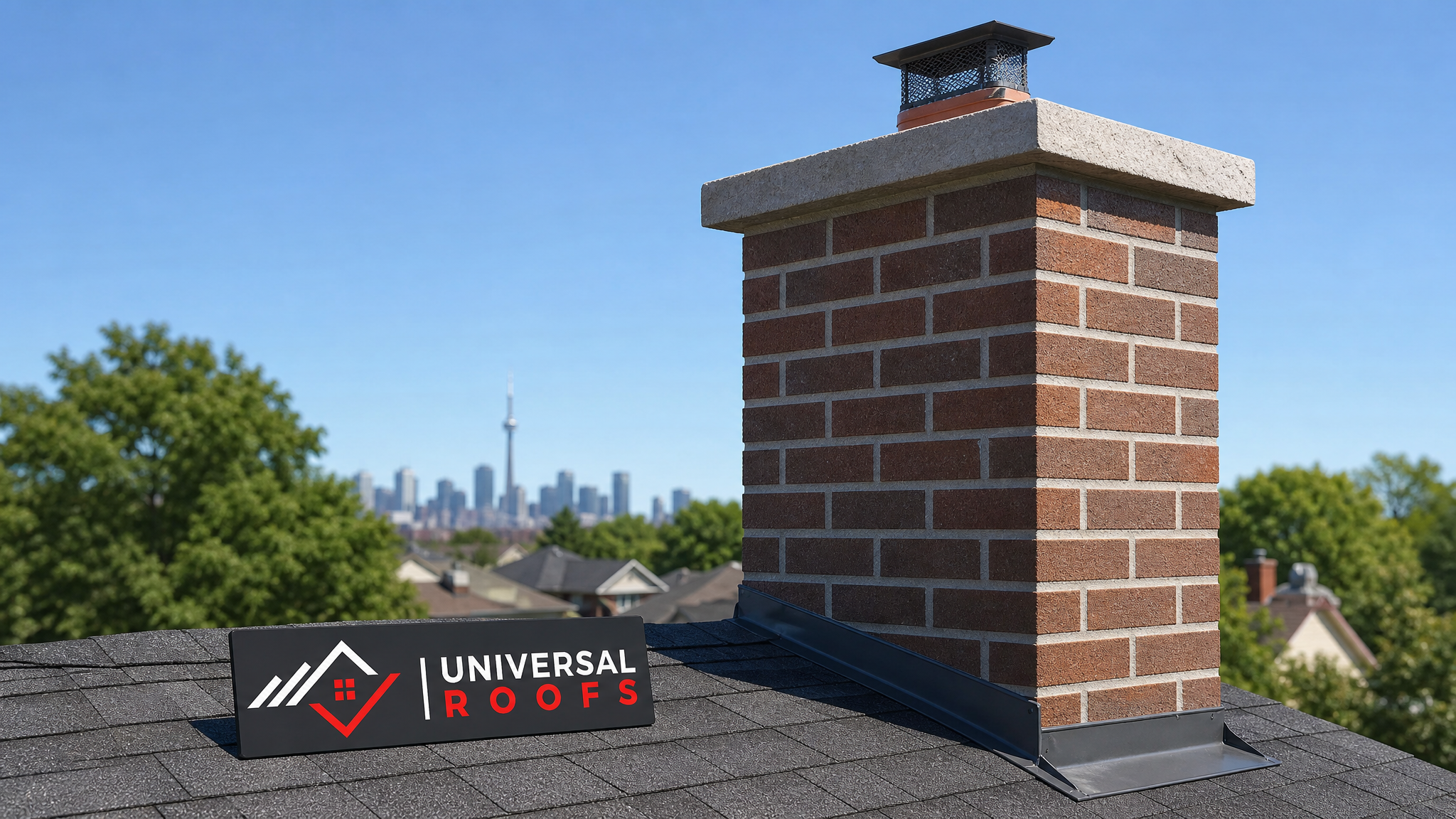 Freshly repointed brick chimney with tight mortar joints and new flashing on a Toronto home under summer daylight