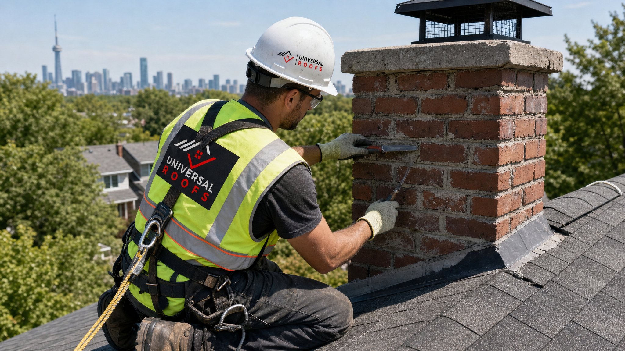 Roofer wearing full safety harness repointing loose bricks on a chimney with mortar tools on a Toronto rooftop
