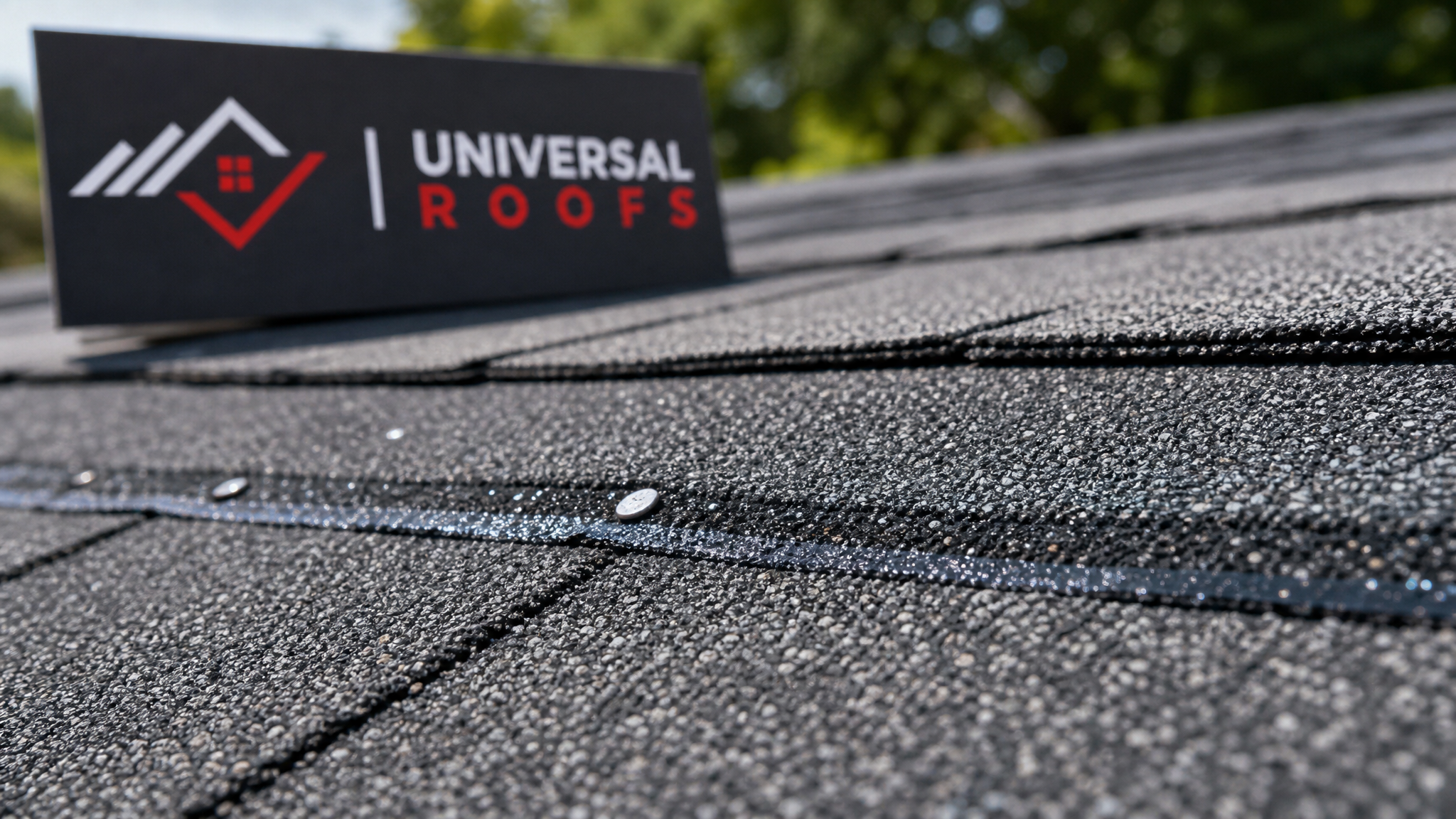 Close-up of a repaired asphalt shingle edge showing proper sealant bond and nailing pattern after wind damage repair, with a branded sign placard nearby