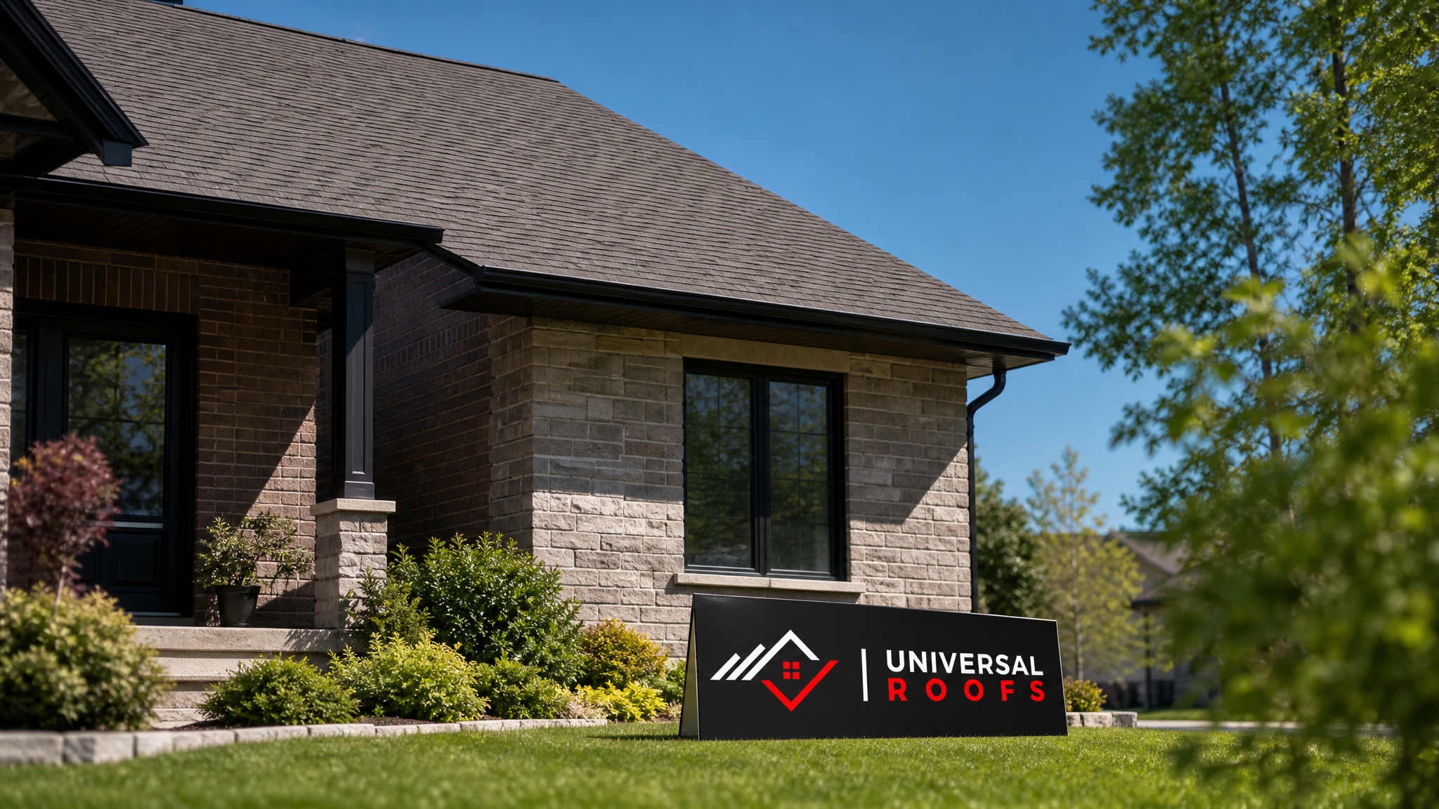 Repaired asphalt shingle roof on a Toronto-area home after wind damage, showing uniform, properly sealed shingles under summer daylight