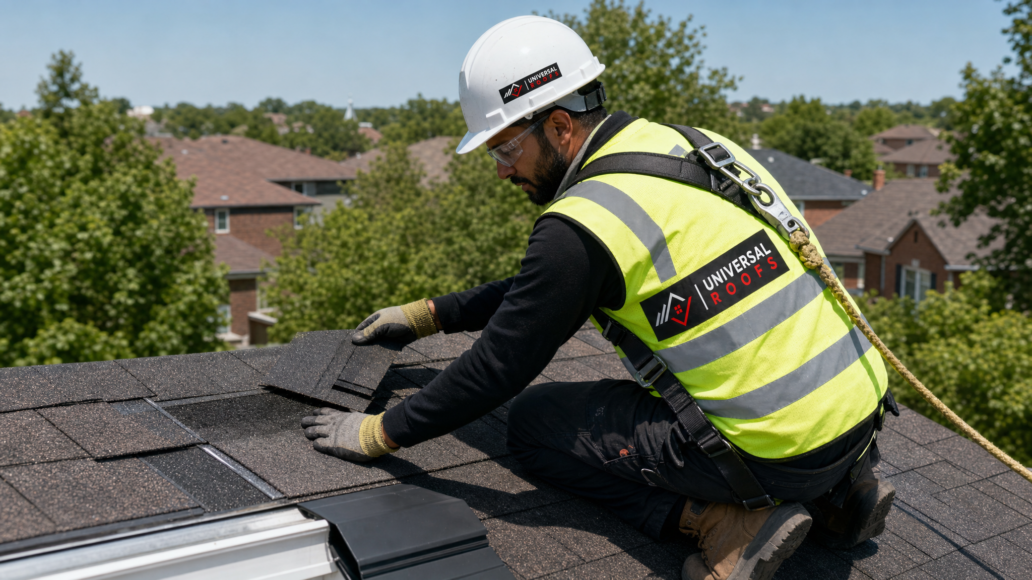 Roofer wearing hard hat, hi-vis vest, safety glasses, gloves, and fall-protection harness replacing wind-damaged asphalt shingles on a Toronto home in daylight