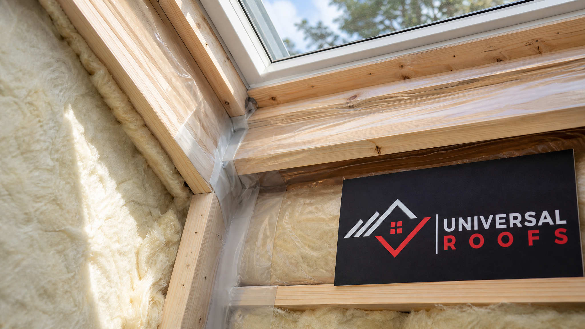 Close-up of continuous vapour barrier and insulation batts fitted tightly around a skylight shaft frame