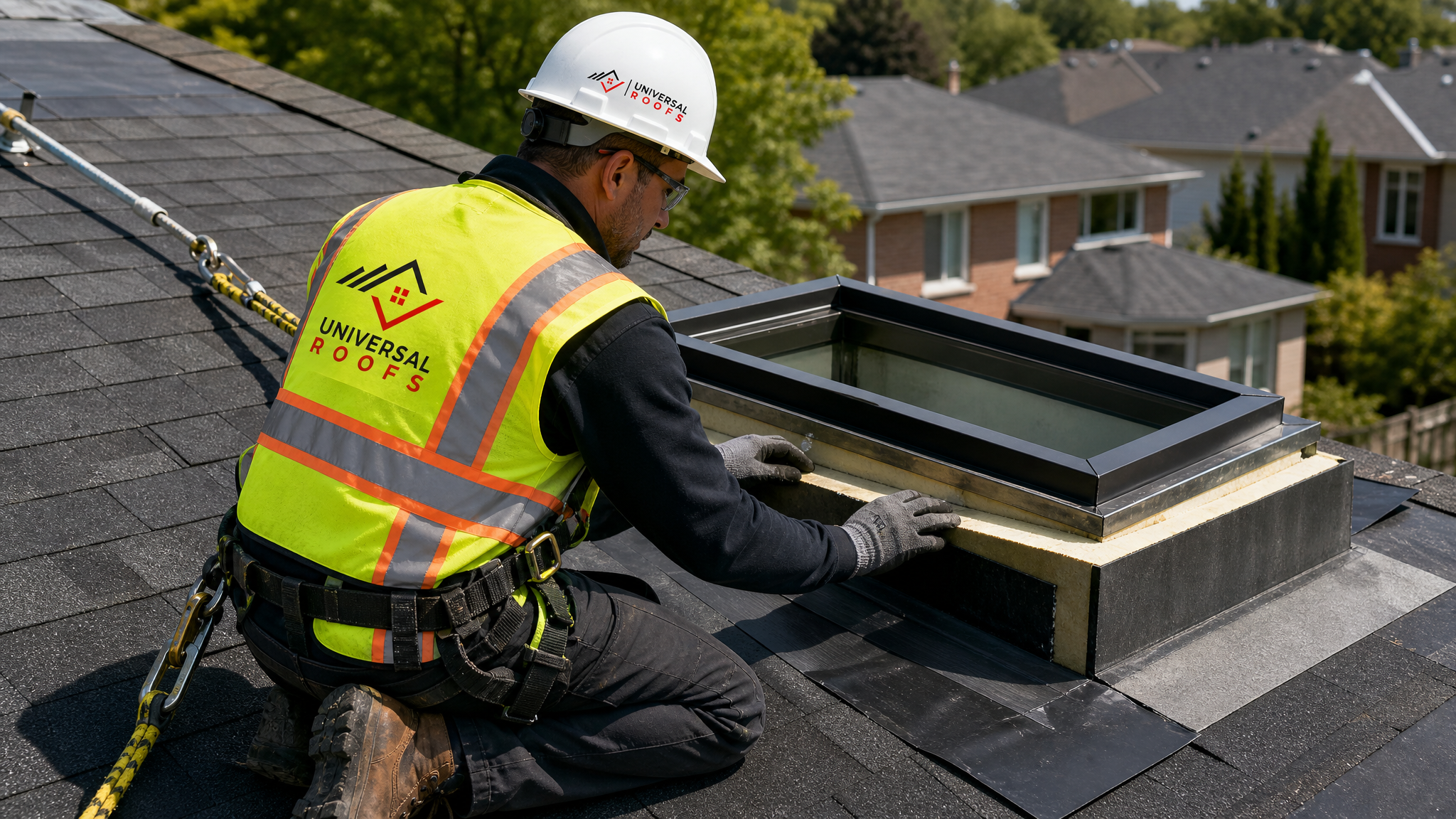 Roofer wearing full safety harness installing new insulation and flashing around a skylight curb on a Toronto home