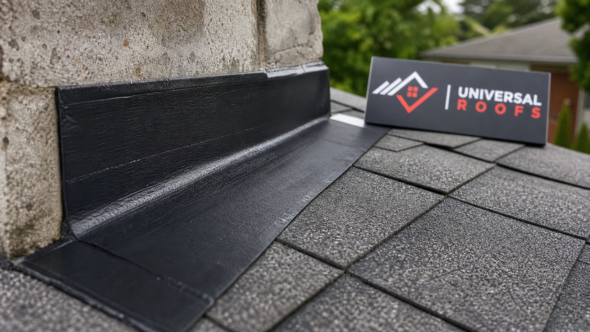 Close-up of a properly sealed roof flashing seam and peel-and-stick membrane patch used as an emergency roof leak fix