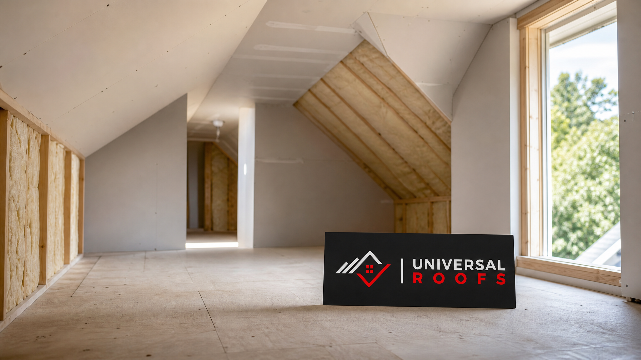 Dry, repaired ceiling and attic space in a Toronto home after a roof leak emergency fix, sunny day
