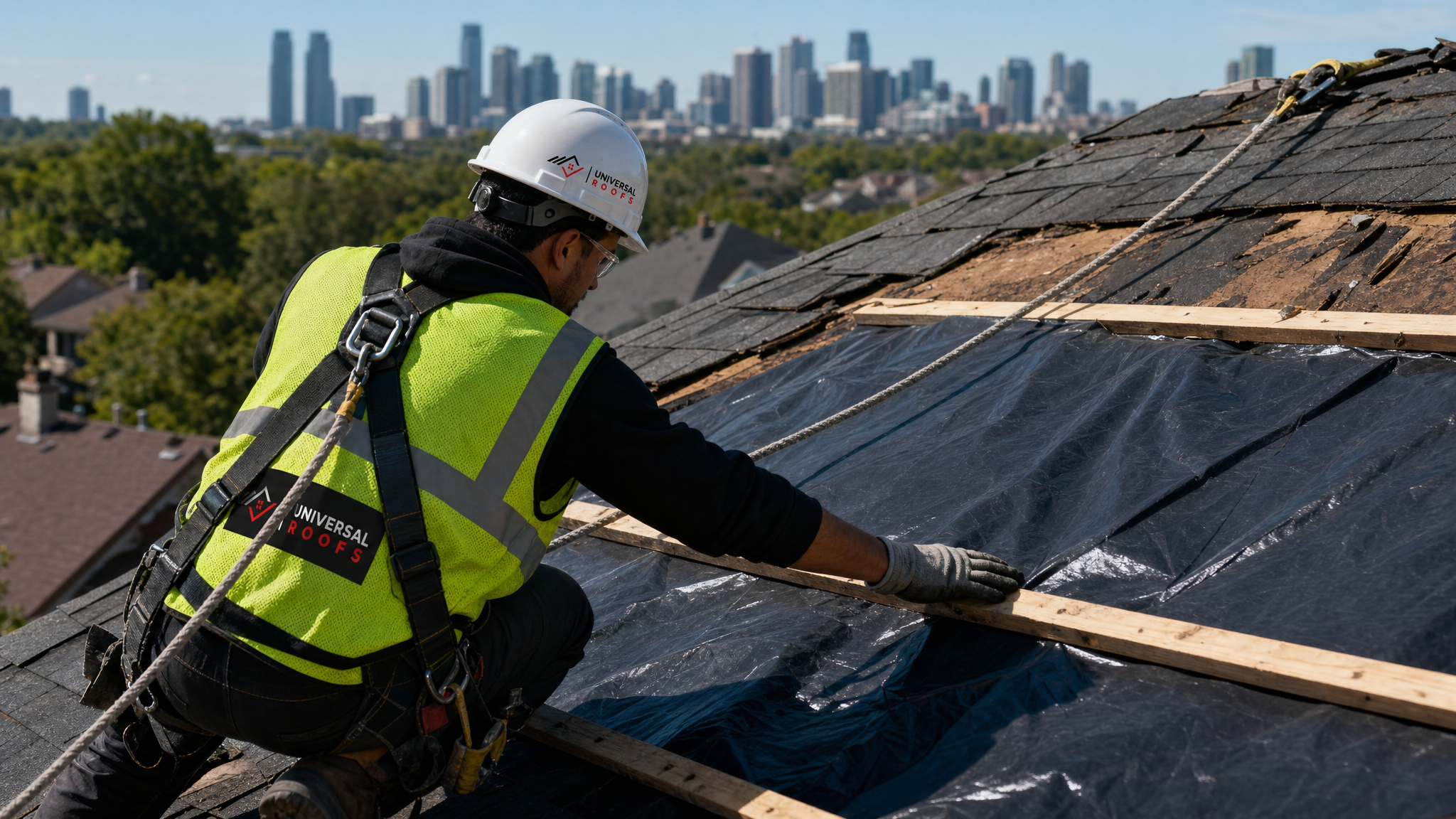 Roofer wearing hard hat, hi-vis vest, safety glasses, gloves, and fall-protection harness securing an emergency tarp over a damaged section of a Toronto home's roof