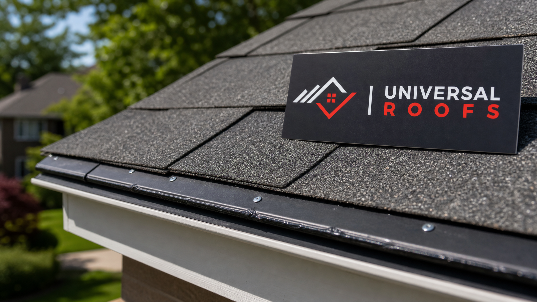 Close-up of new asphalt shingle tabs and metal flashing sealed correctly along a roof edge