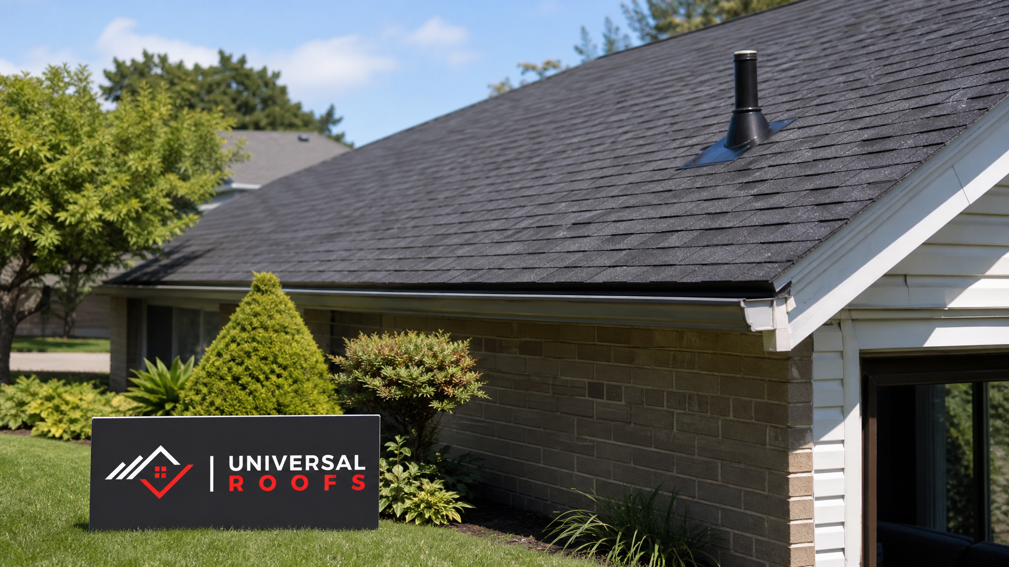 A fully repaired residential roof in Toronto with new shingles and sealed flashing under clear summer sky