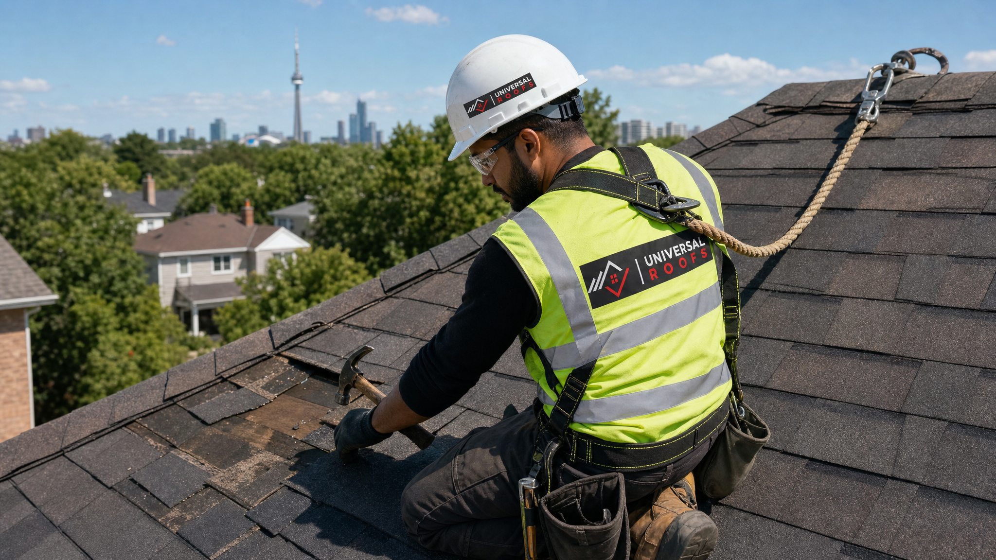Roofer wearing full safety harness and PPE replacing wind-damaged shingles on a steep residential roof in Toronto