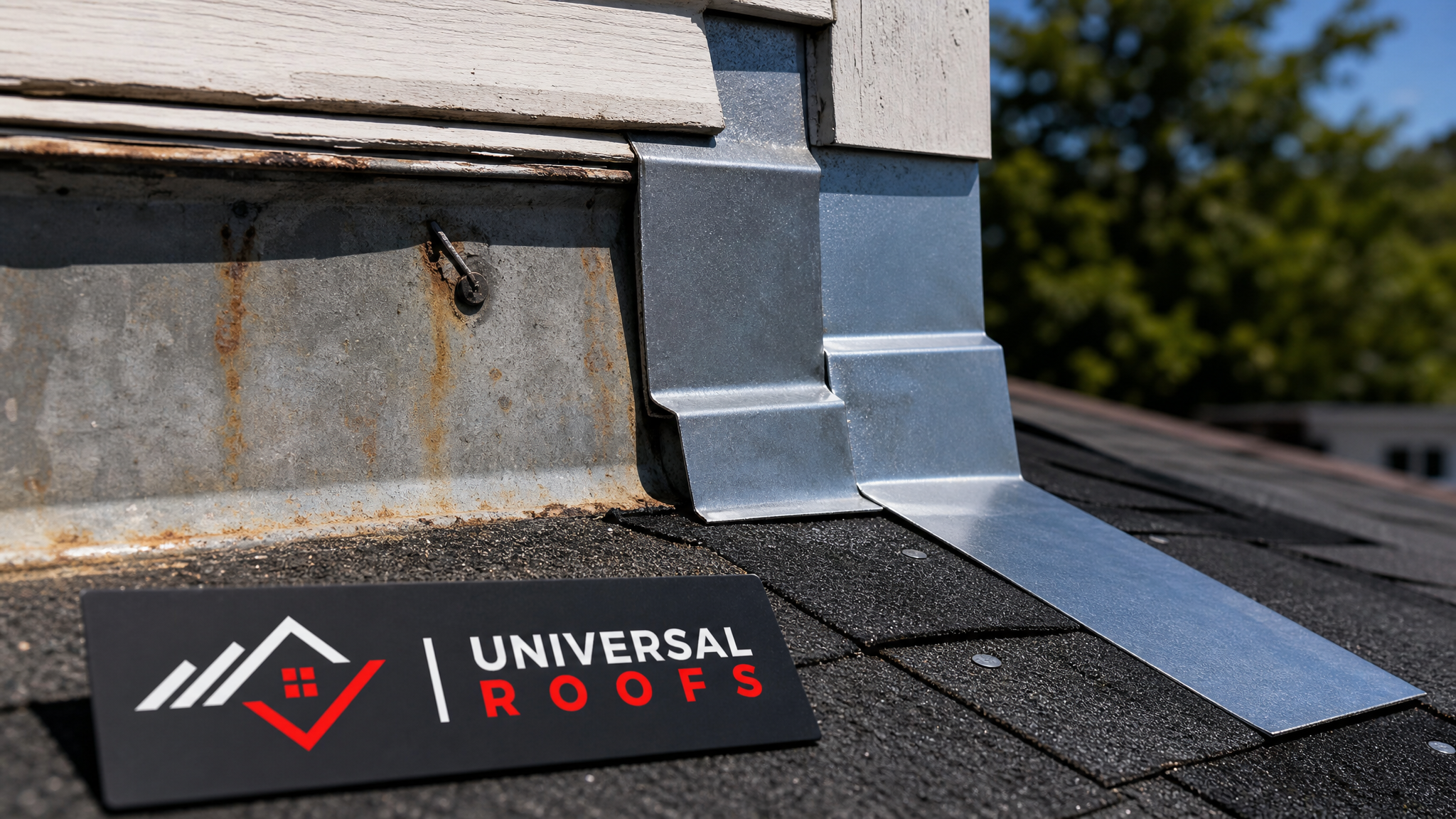 Close-up of corroded step flashing overlap being replaced with new galvanized metal on a residential roof