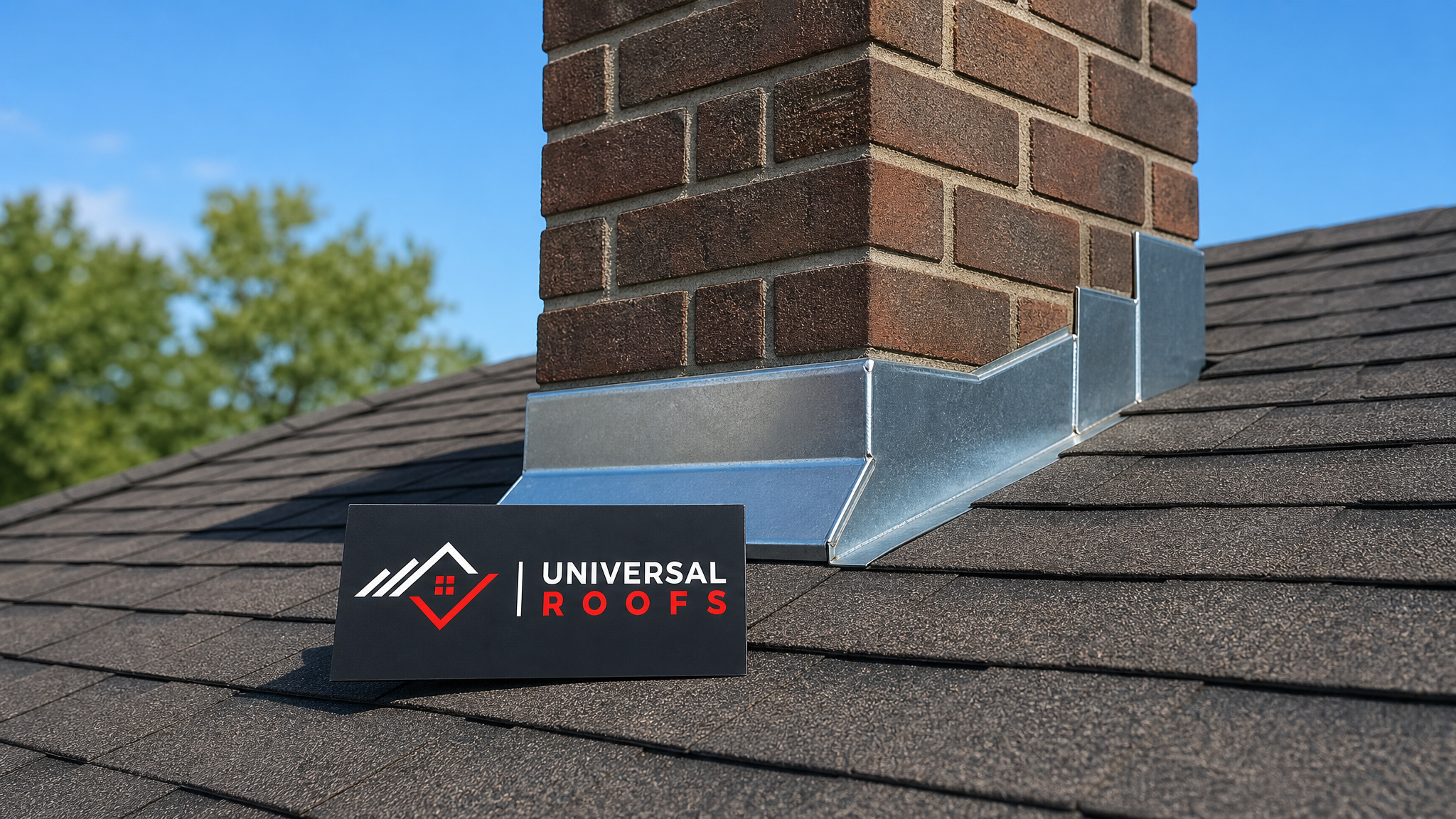 Newly repaired metal flashing around a chimney on a Toronto home in summer daylight