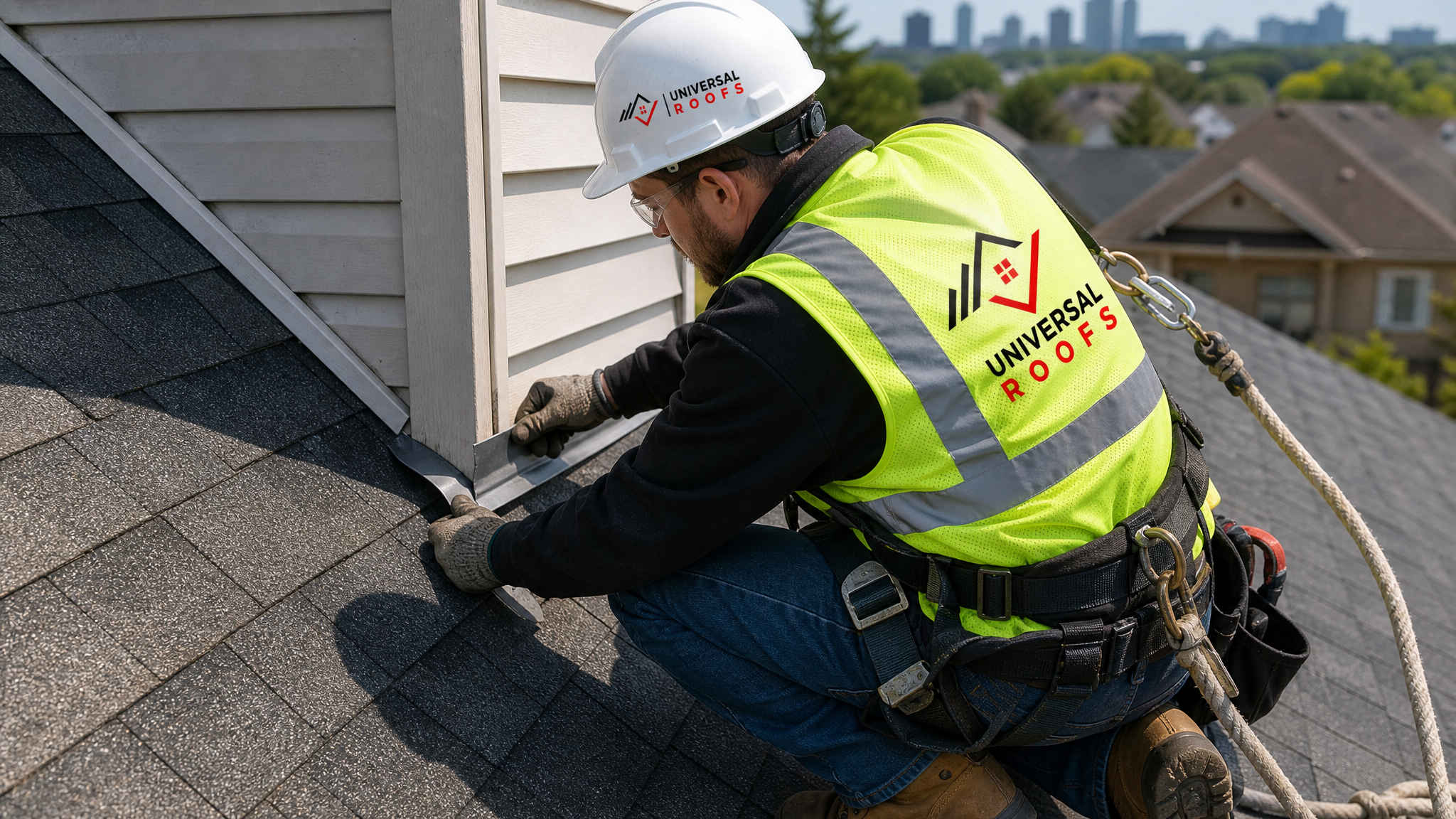 Roofer wearing full safety harness installing step flashing along a dormer wall on a Toronto roof