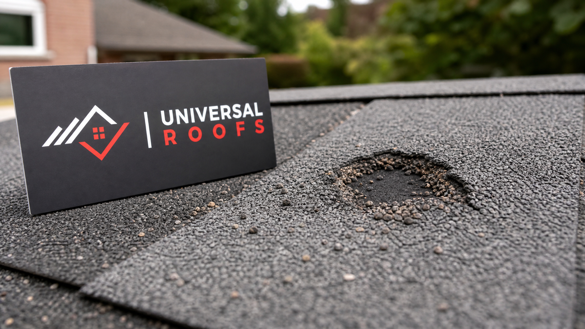 Close-up of a hail-bruised asphalt shingle showing granule loss and cracked mat next to a Universal Roofs branded sign