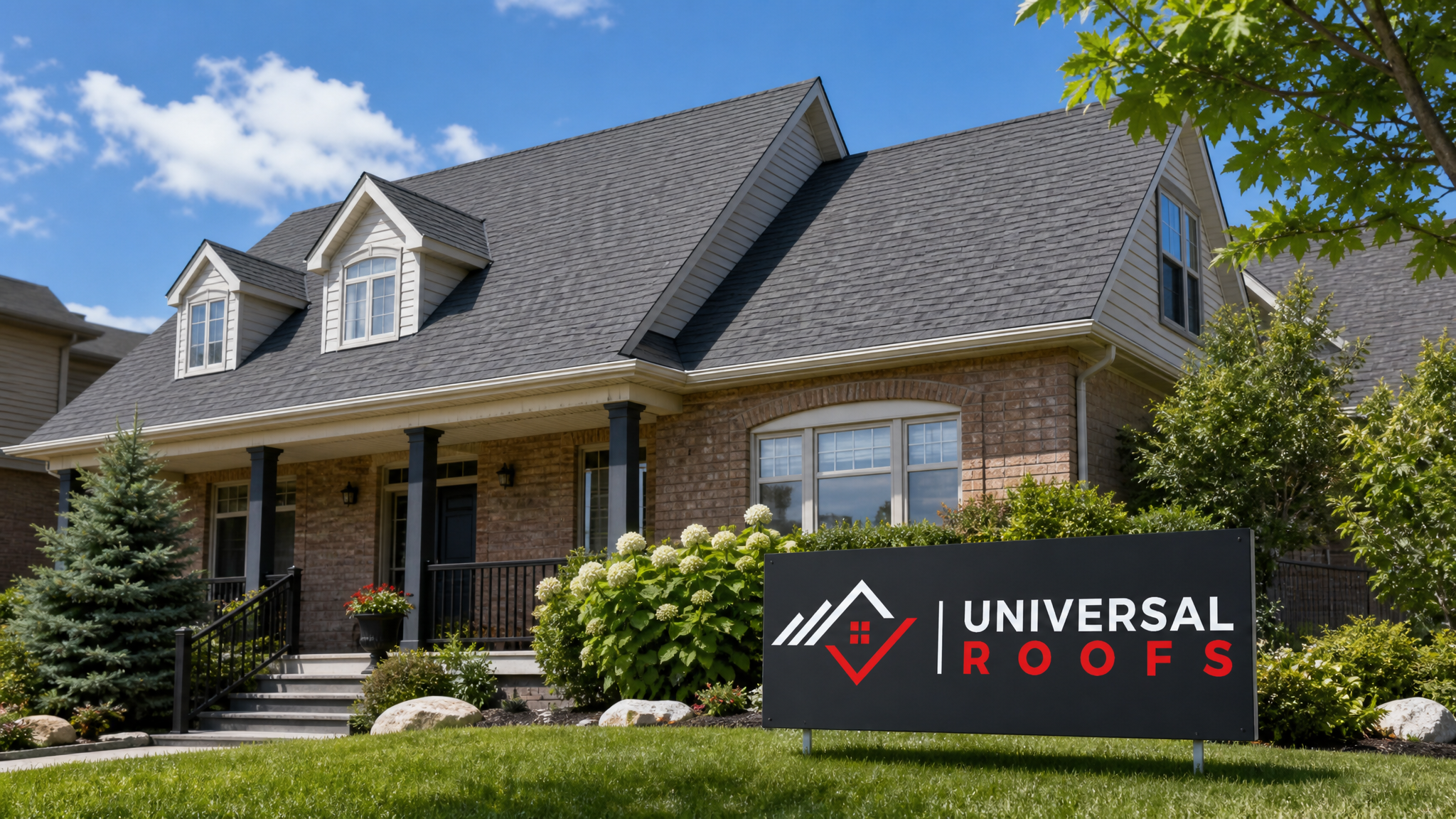 Repaired asphalt shingle roof on a Toronto home after hail damage restoration, shown in clear summer daylight