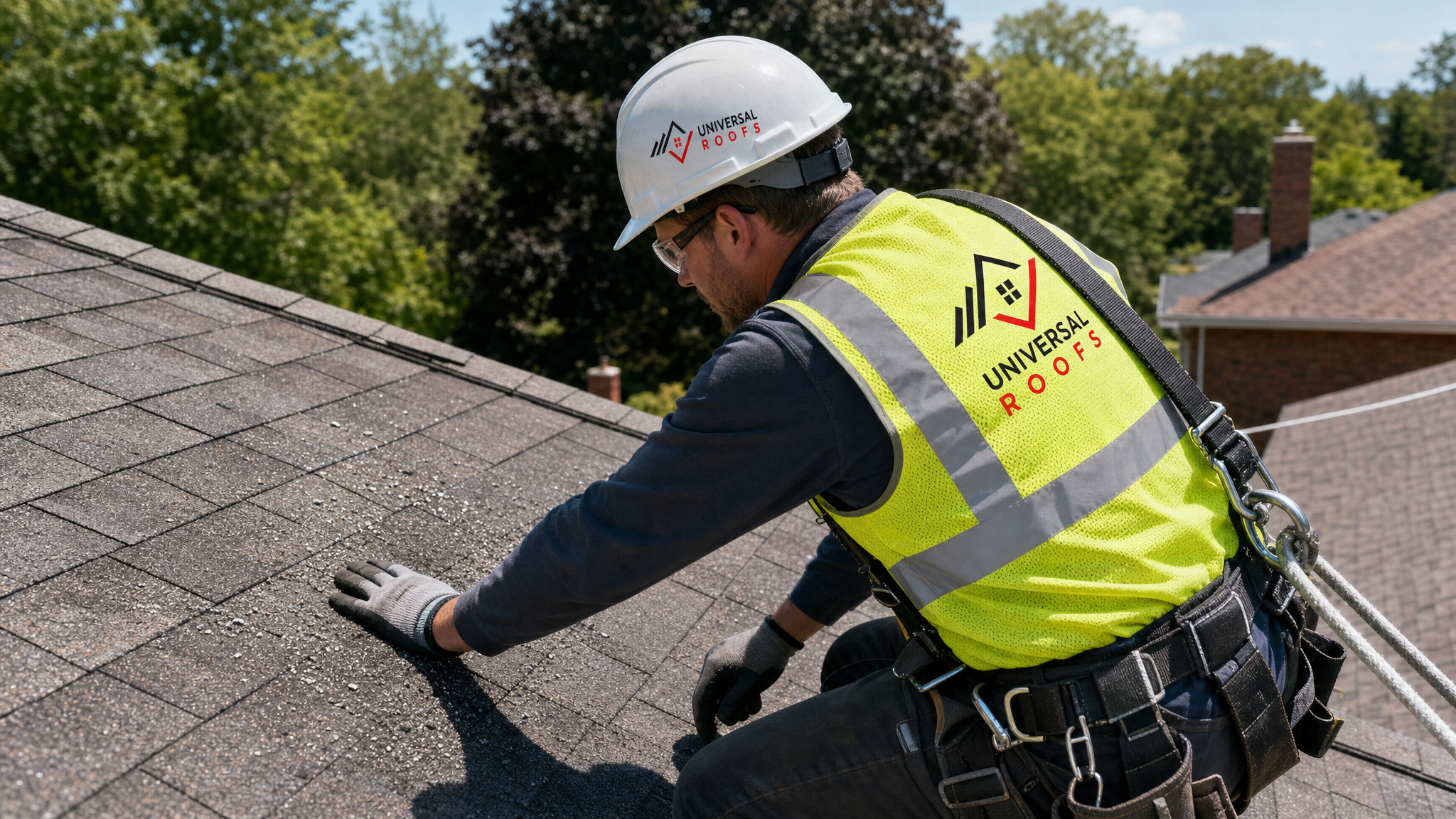Roofer wearing full safety harness, hard hat, and hi-vis vest inspecting hail-damaged asphalt shingles on a steep GTA roof