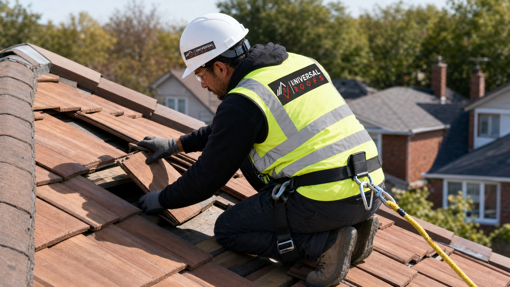 Roofer wearing full safety gear repairing and resetting tile roof tiles on a Toronto home