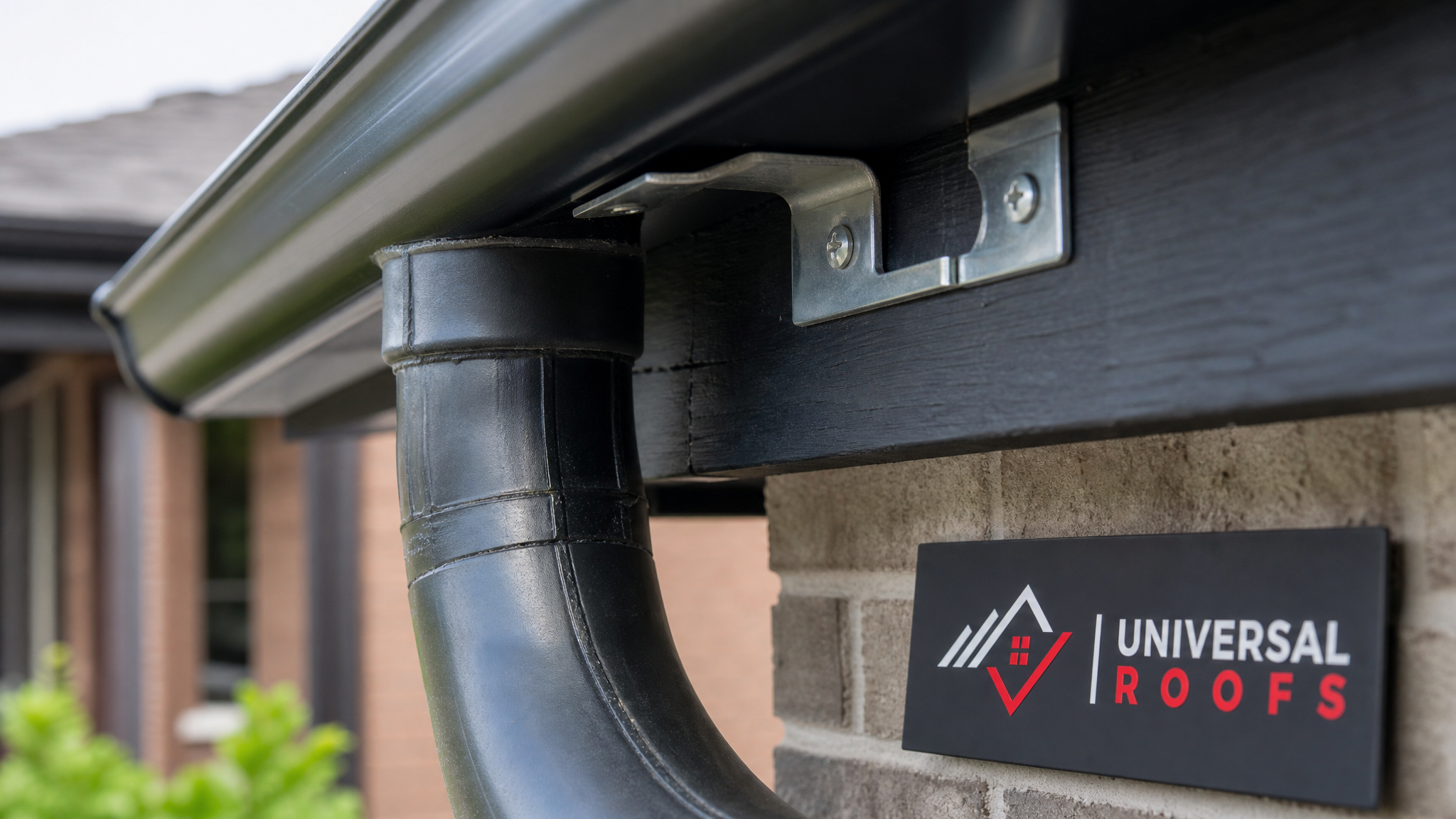 Close-up of a gutter downspout joint and hanger bracket showing proper installation, with a Universal Roofs branded sign placard nearby
